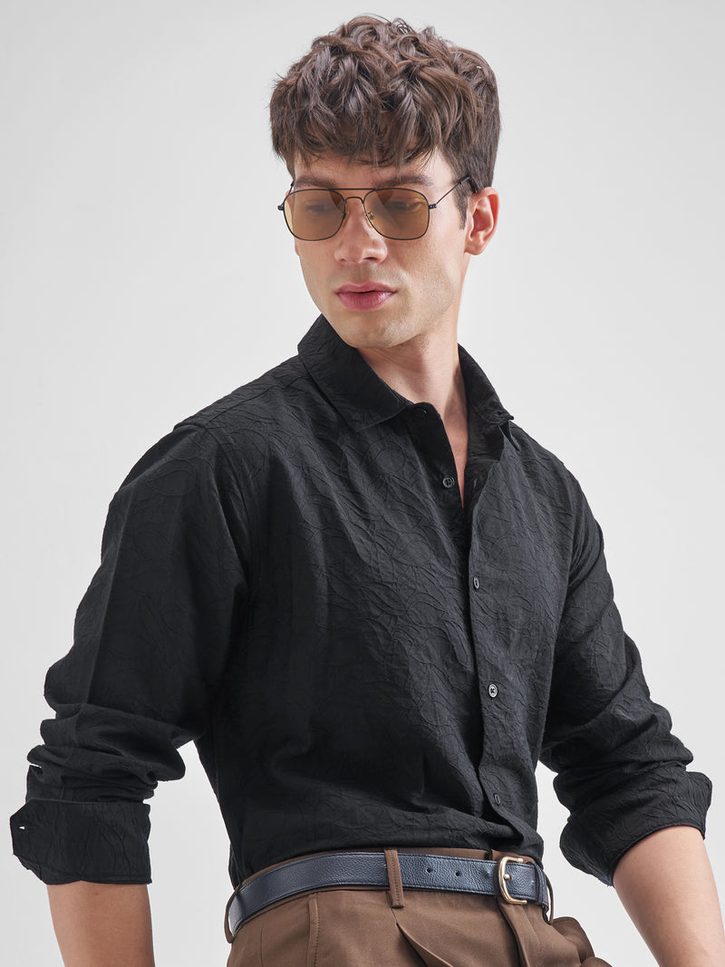 Highlander Men Black Self Design Relaxed Fit Casual Shirt - Black - Image 1