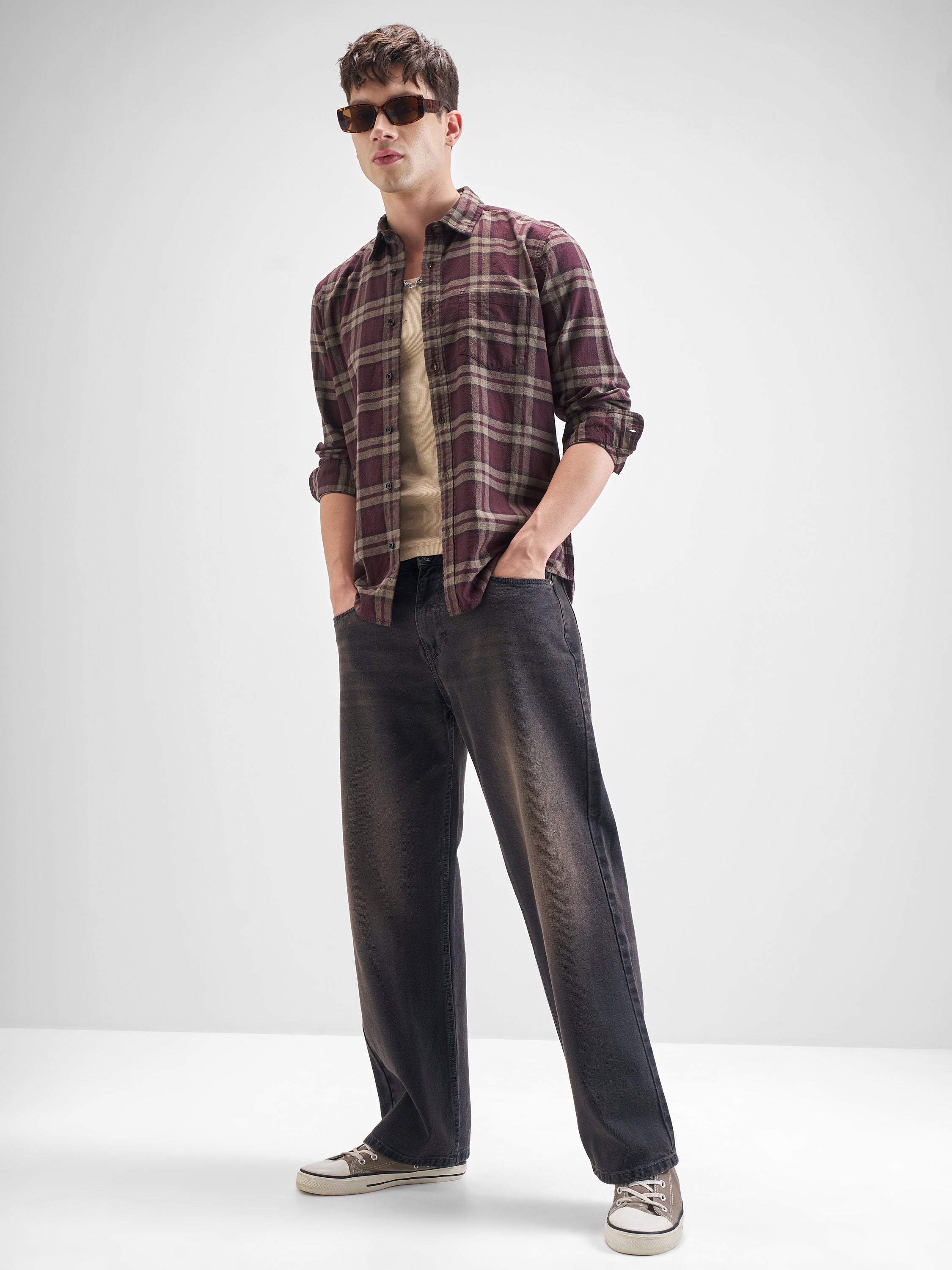 Highlander Men Maroon Checked Slim Fit Casual Shirt - Maroon - Image 2