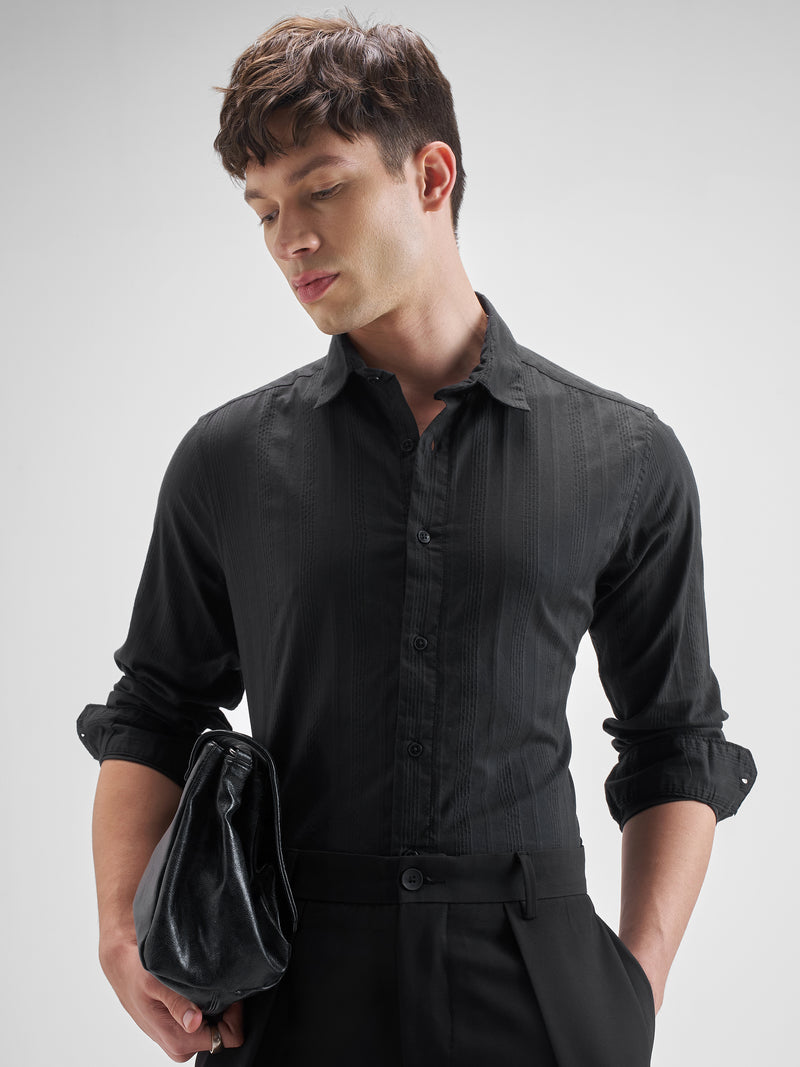 Highlander Men Black Self Design Slim Fit Casual Shirt - Black - Image 1