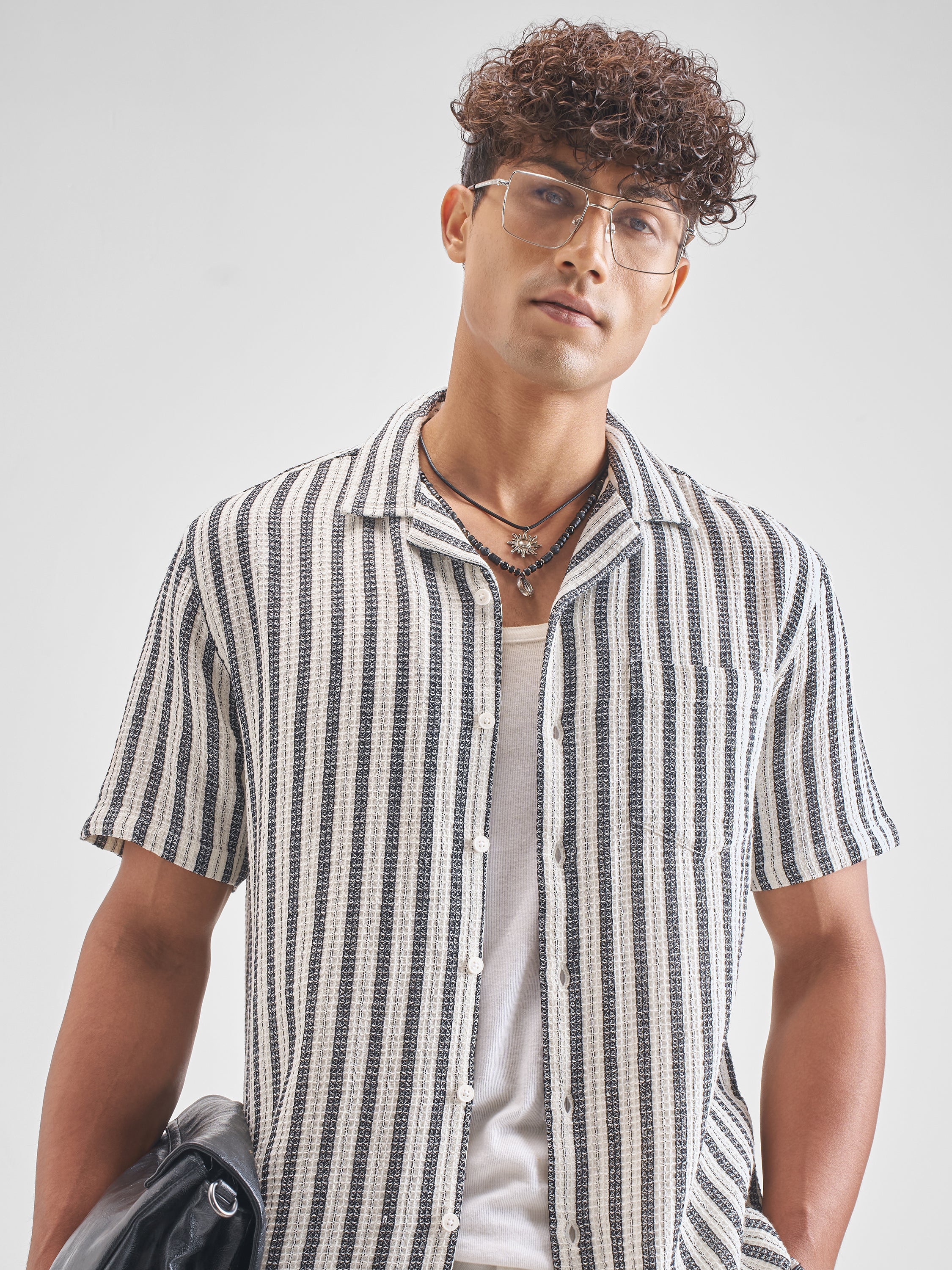 Highlander Men Black Striped Oversized Fit Casual Shirt - Black - Image 1