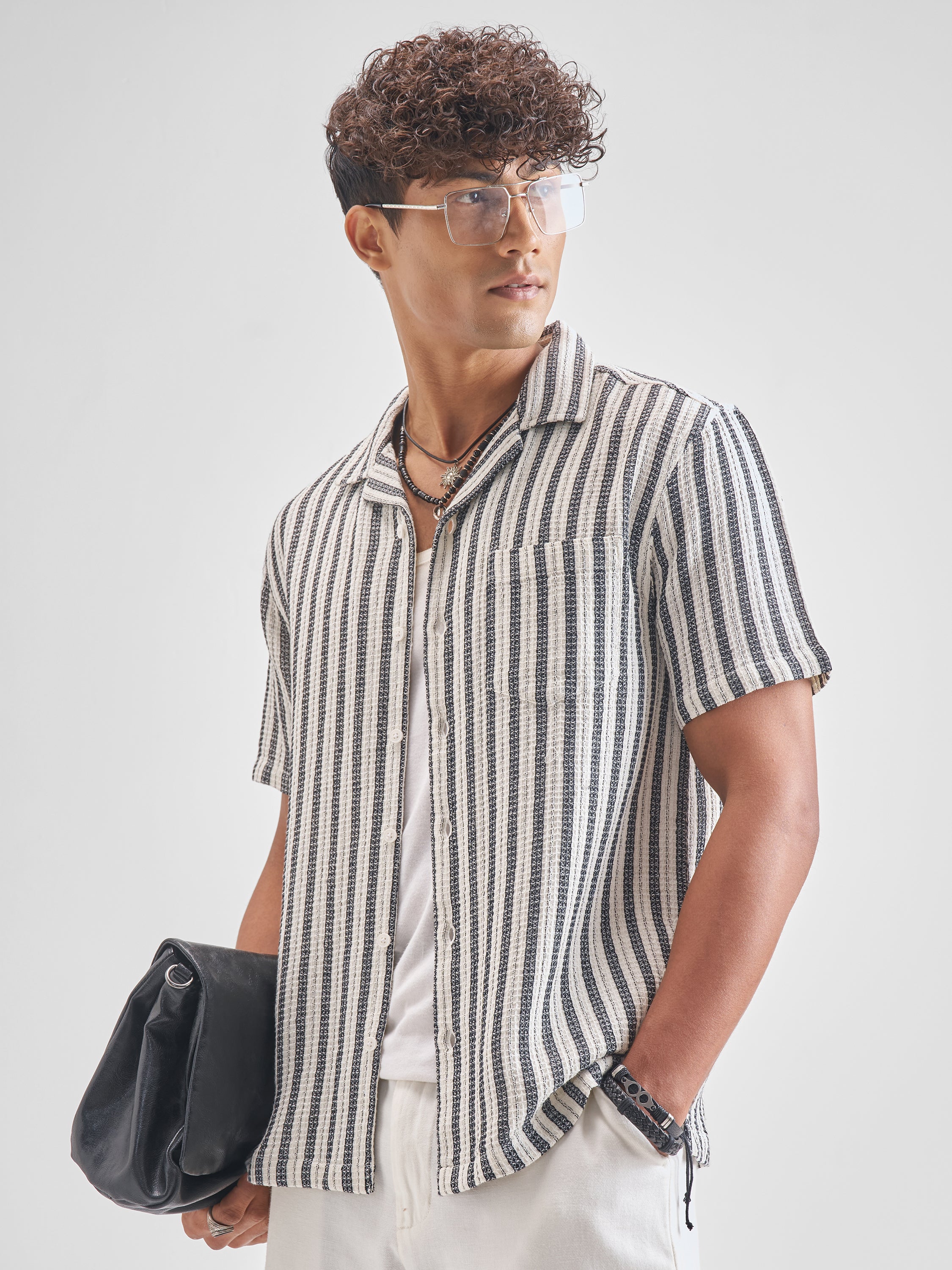 Highlander Men Black Striped Oversized Fit Casual Shirt - Black - Image 4