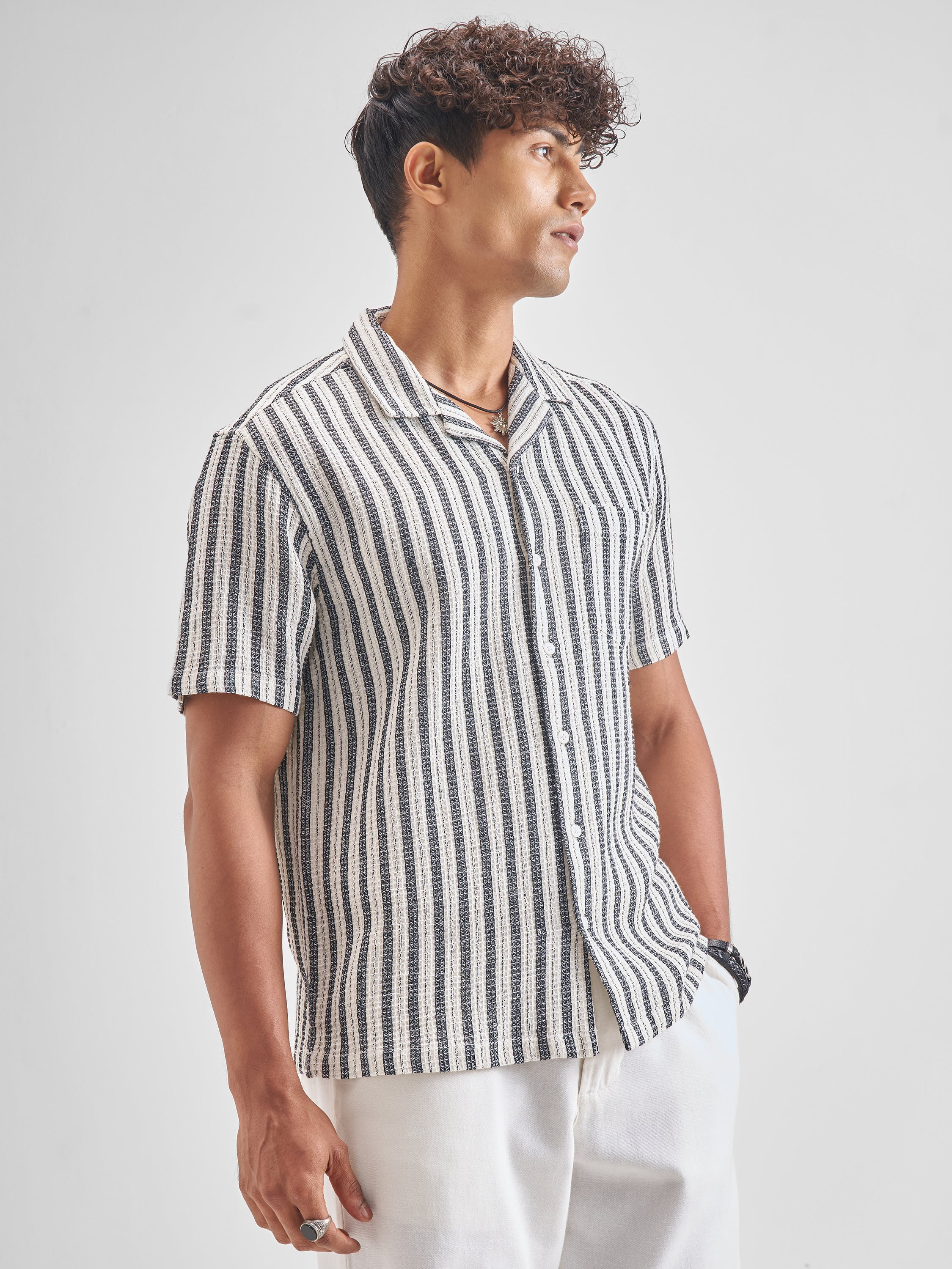 Highlander Men Black Striped Oversized Fit Casual Shirt - Black - Image 6