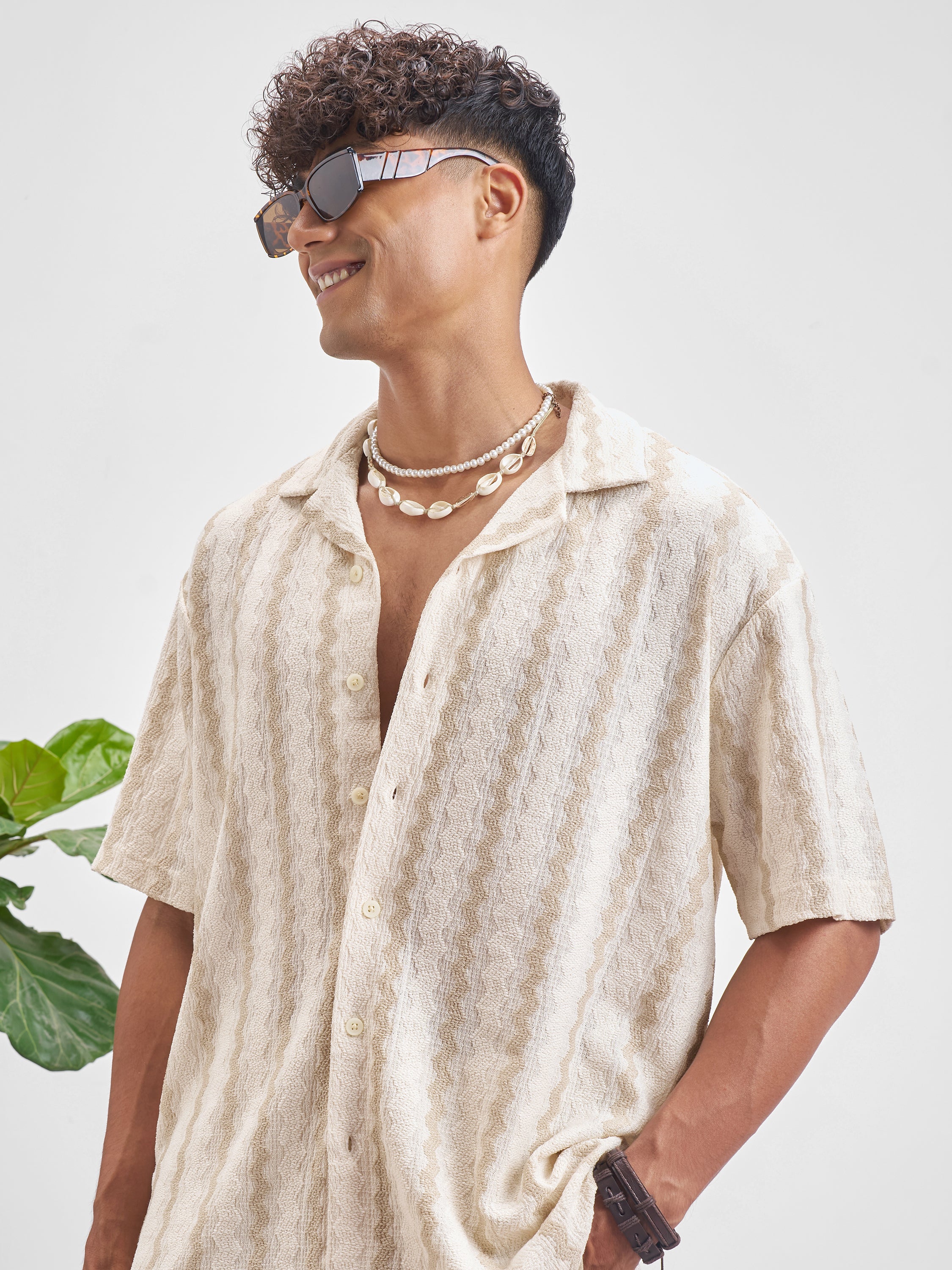 Highlander Men Cream Self Design Relaxed Fit Casual Shirt - Cream - Image 1