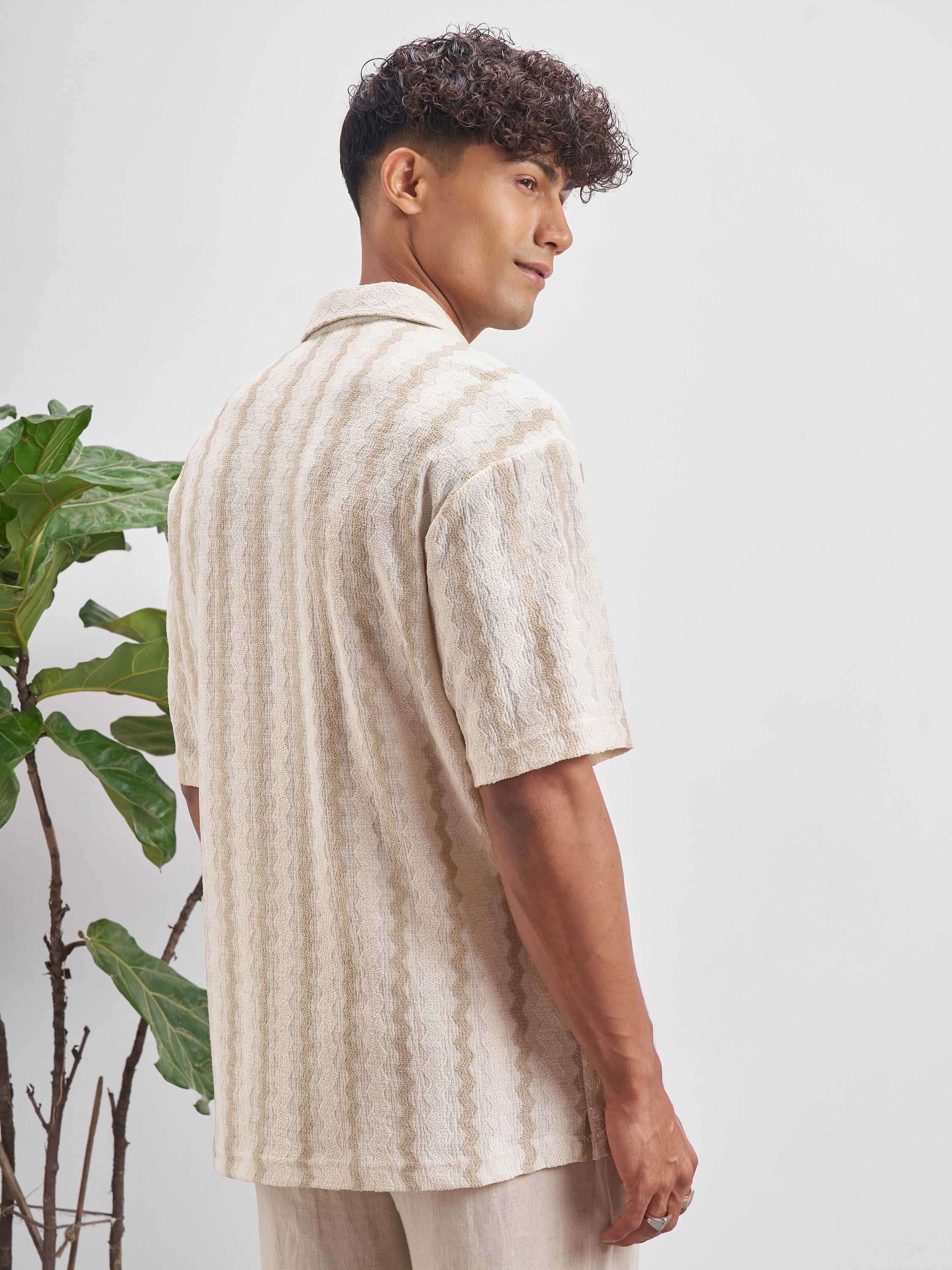 Highlander Men Cream Self Design Relaxed Fit Casual Shirt - Cream - Image 3