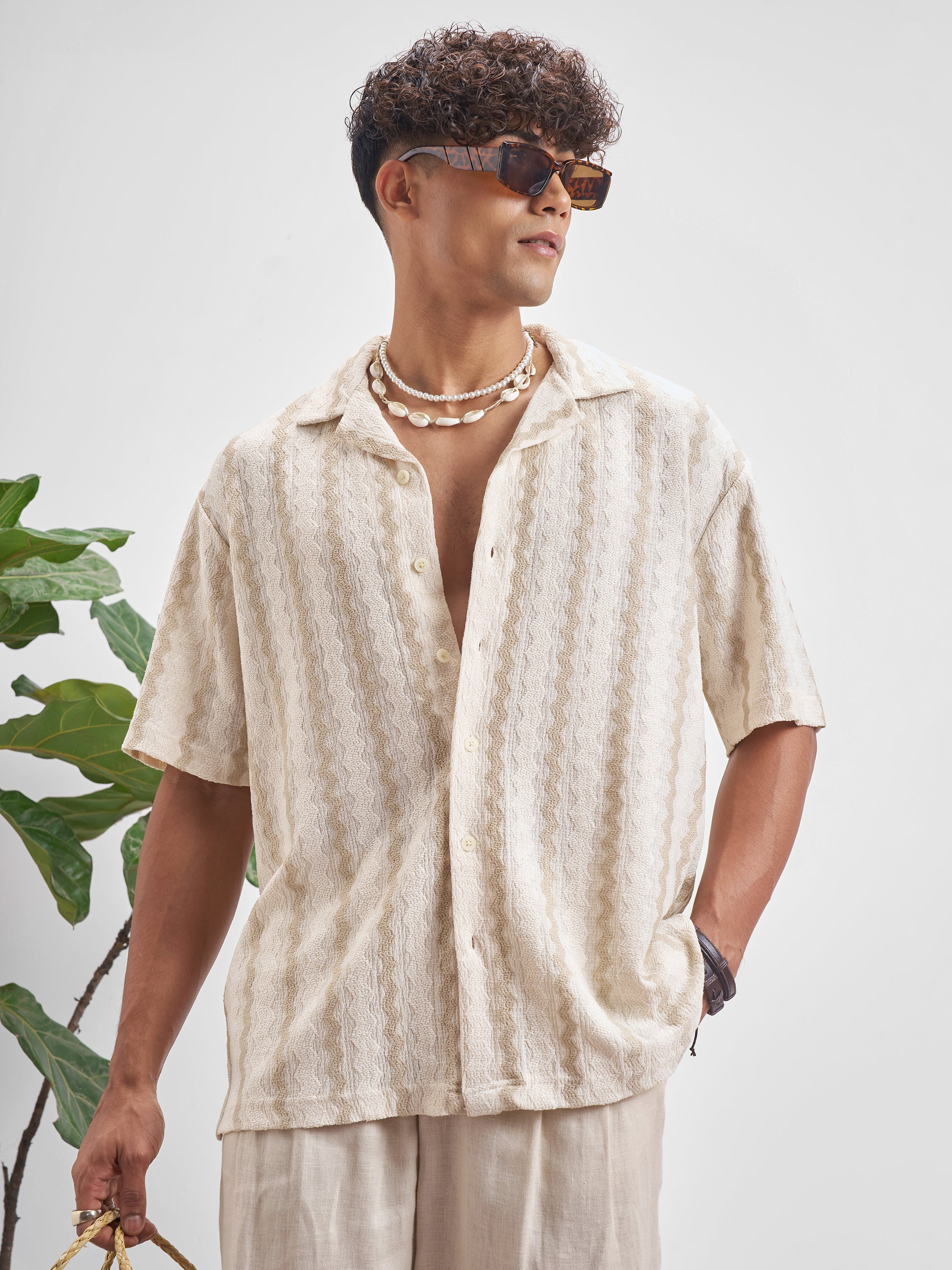 Highlander Men Cream Self Design Relaxed Fit Casual Shirt - Cream - Image 4