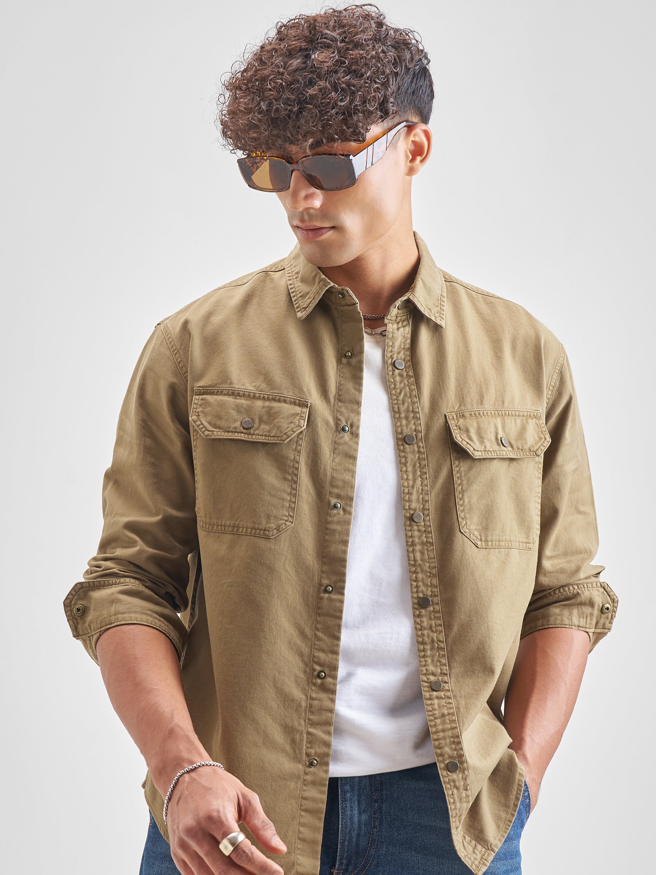 Highlander Men Brown Solid Relaxed Fit Casual Shirt - Brown - Image 1