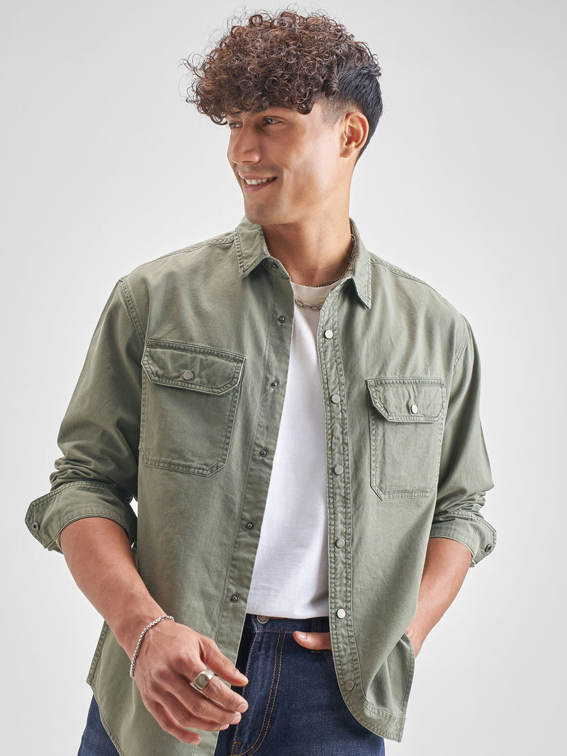 Highlander Men Olive Olive Solid Relaxed Fit Casual Shirt - Olive - Image 1