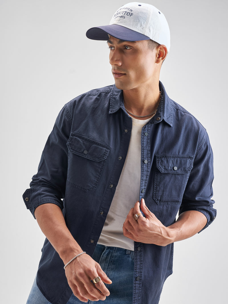 Highlander Men Navy Blue Solid Relaxed Fit Casual Shirt - Navy Blue - Image 1