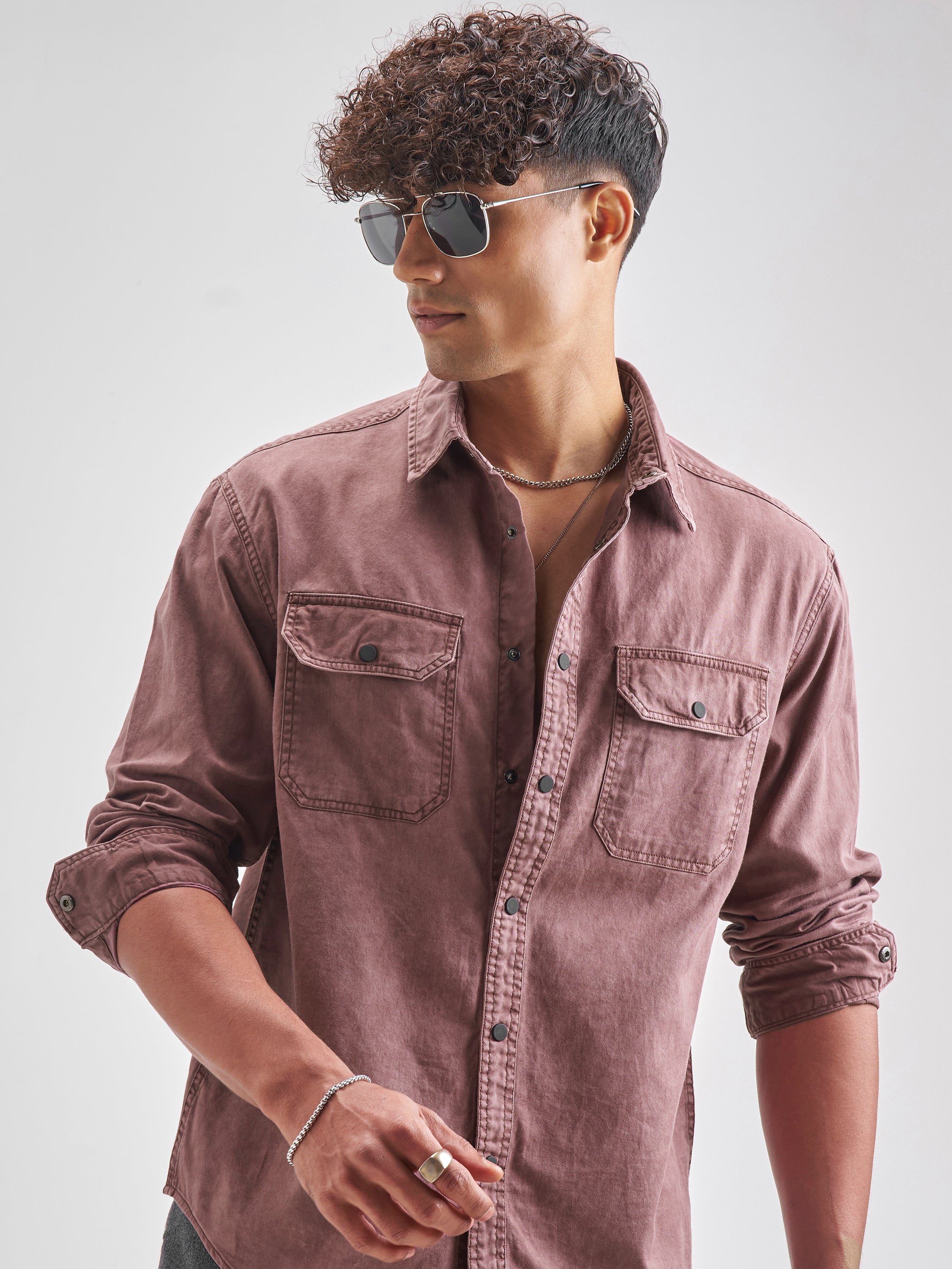 Highlander Men Burgundy Solid Relaxed Fit Casual Shirt - Burgundy - Image 1