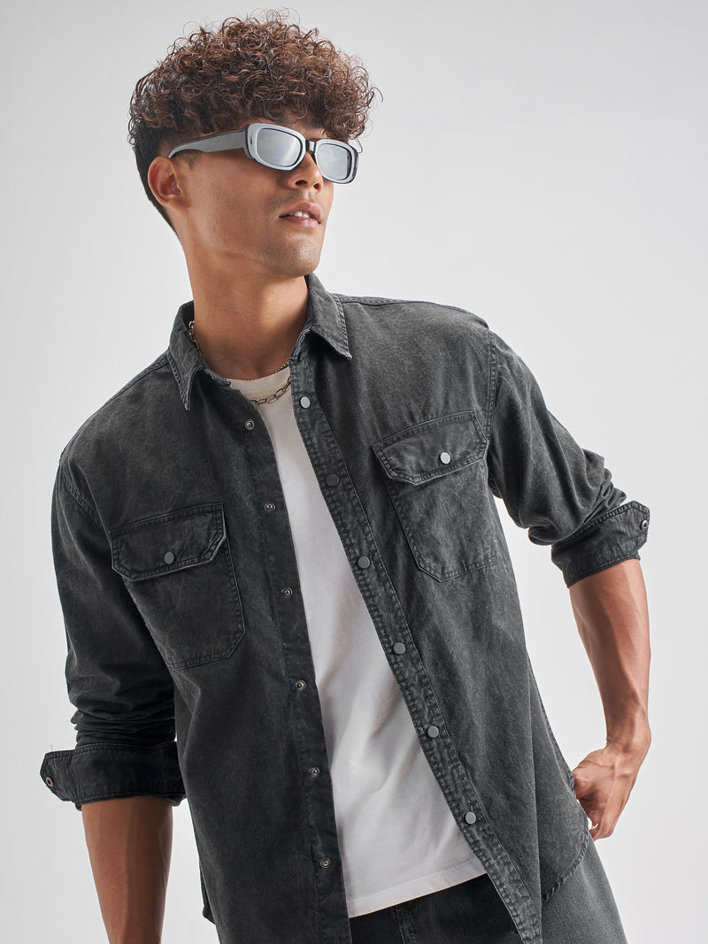 Highlander Men Black Black Solid Relaxed Fit Casual Shirt - Black - Image 1