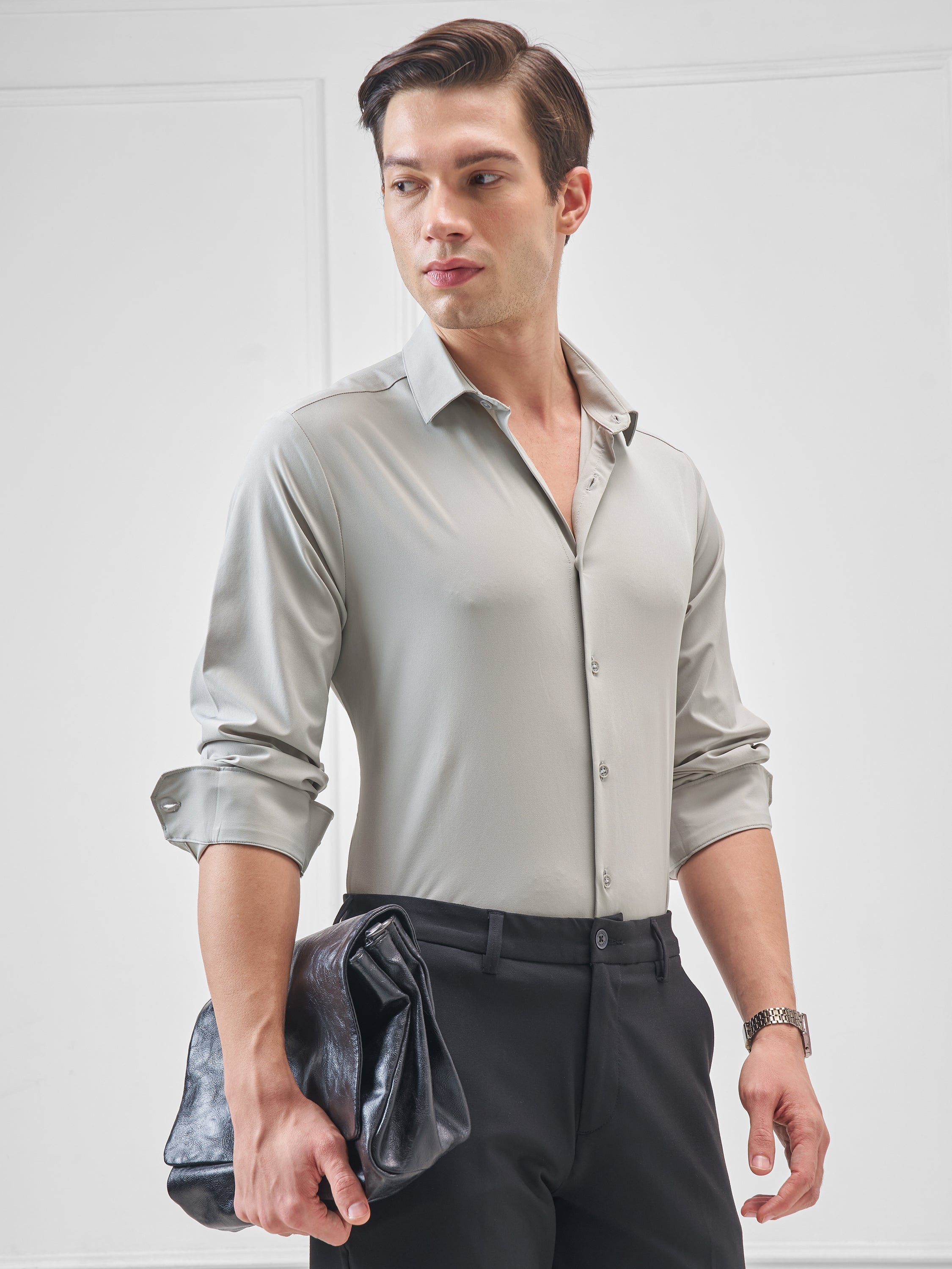 Highlander Men Grey Solid Slim Fit Casual Shirt - Grey - Image 6