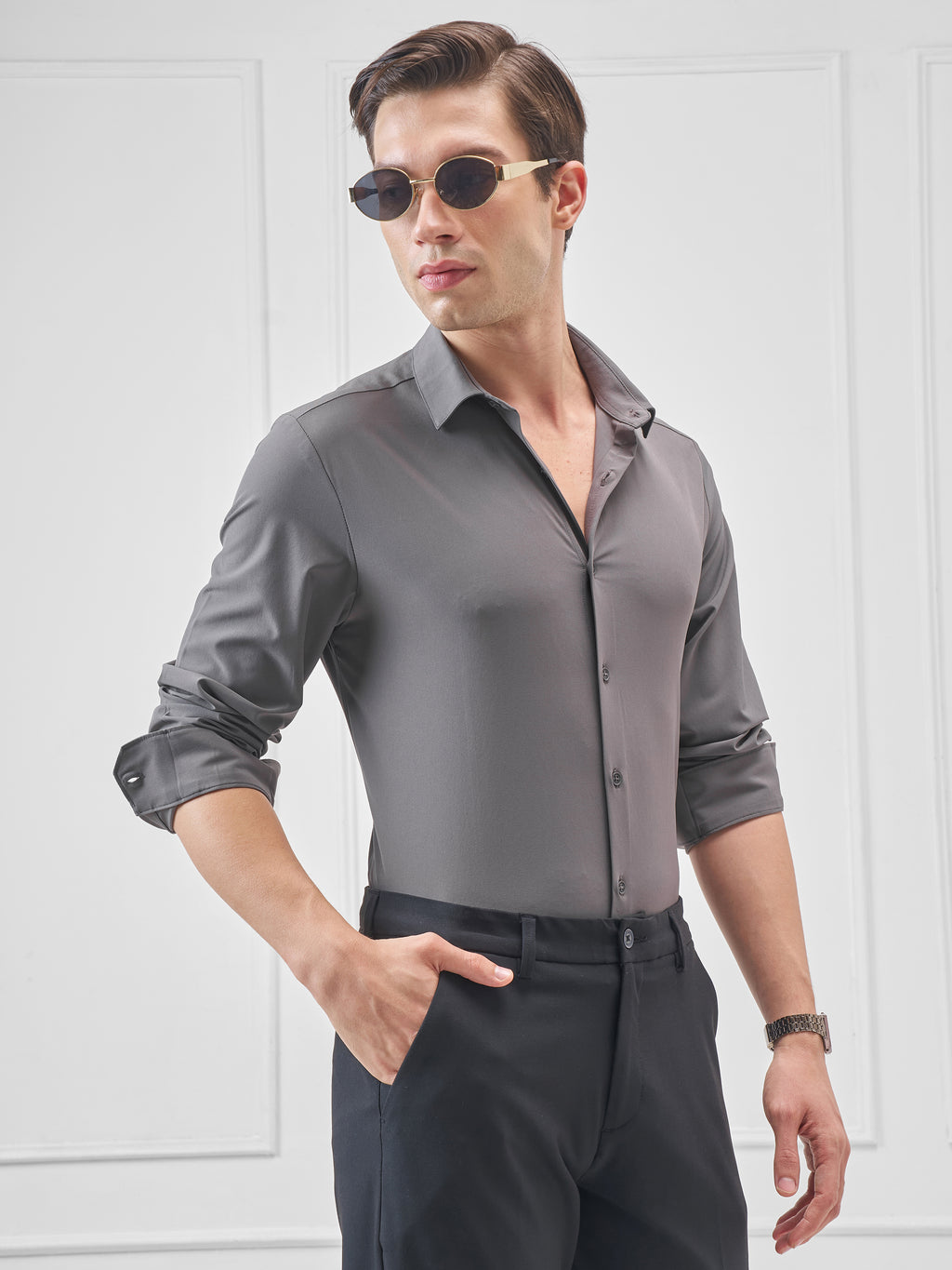 Highlander Men Charcoal Solid Slim Fit Casual Shirt - Charcoal - Image 6