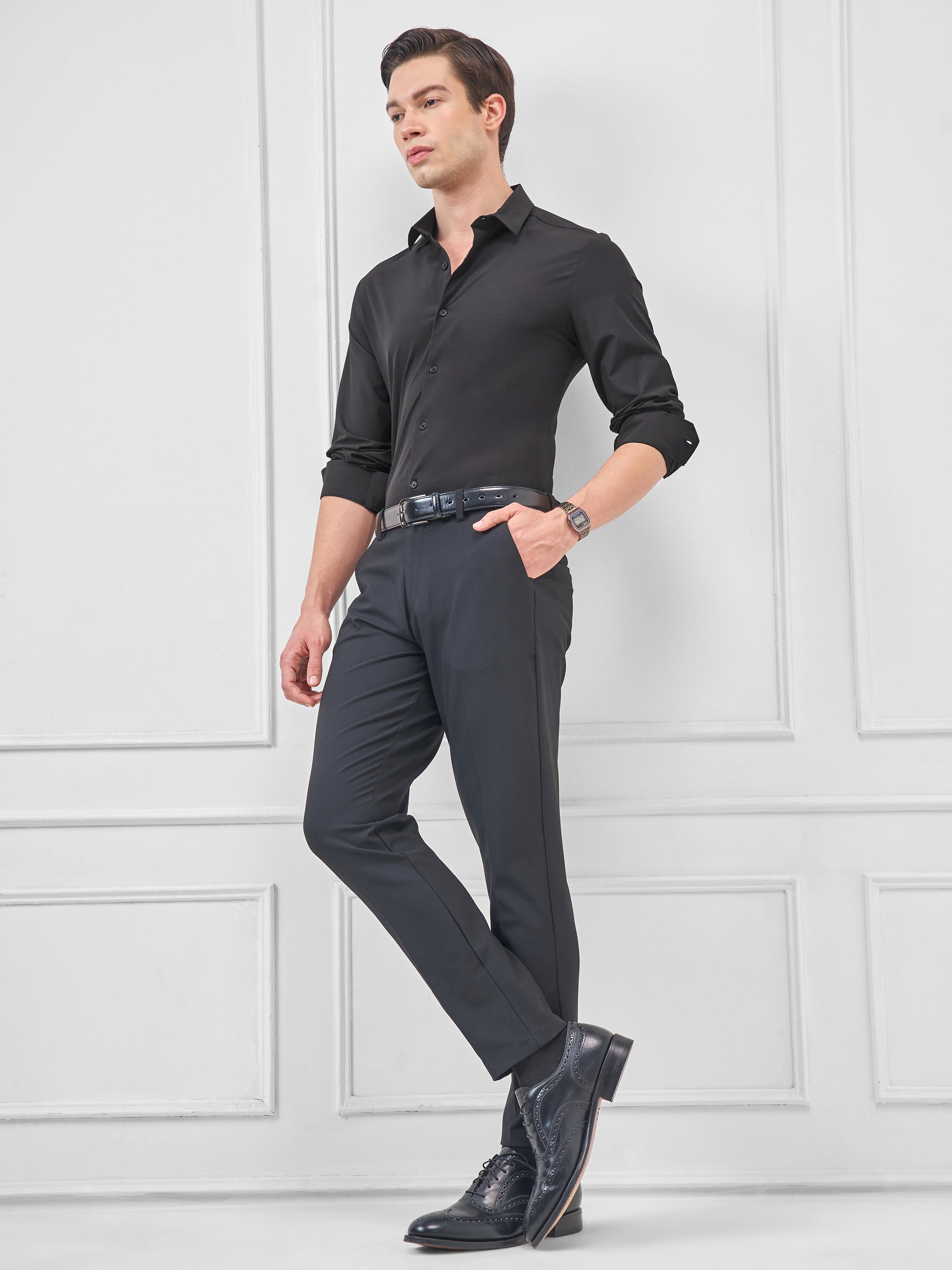 Highlander Men Black Solid Slim Fit Casual Shirt - Black - Image 2