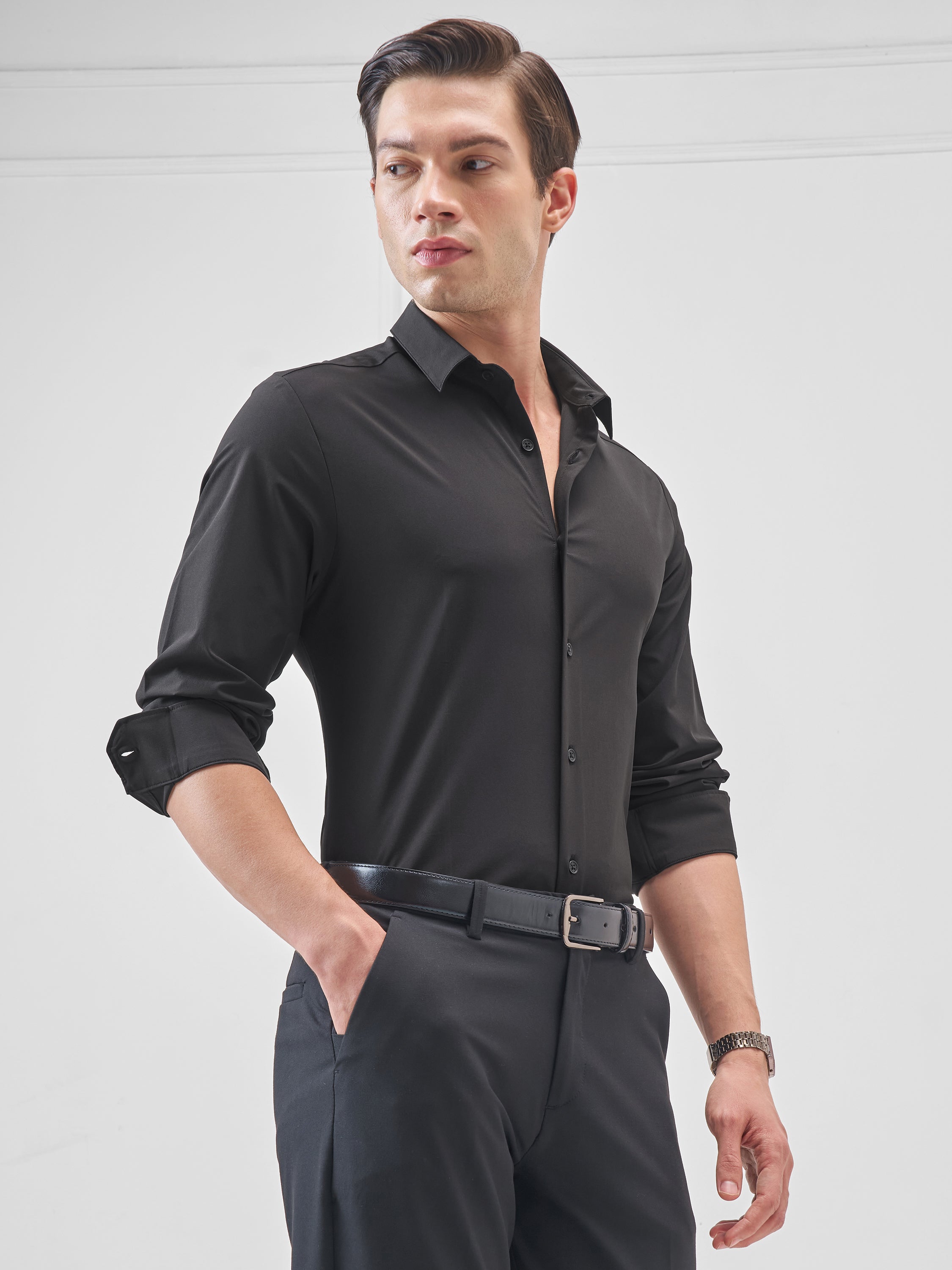 Highlander Men Black Solid Slim Fit Casual Shirt - Black - Image 6