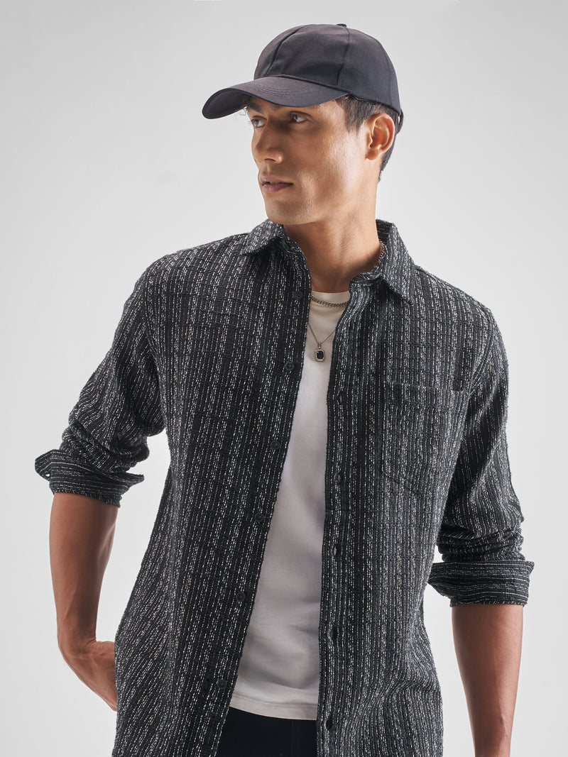 Highlander Men Black Striped Slim Fit Casual Shirt - Black - Image 1