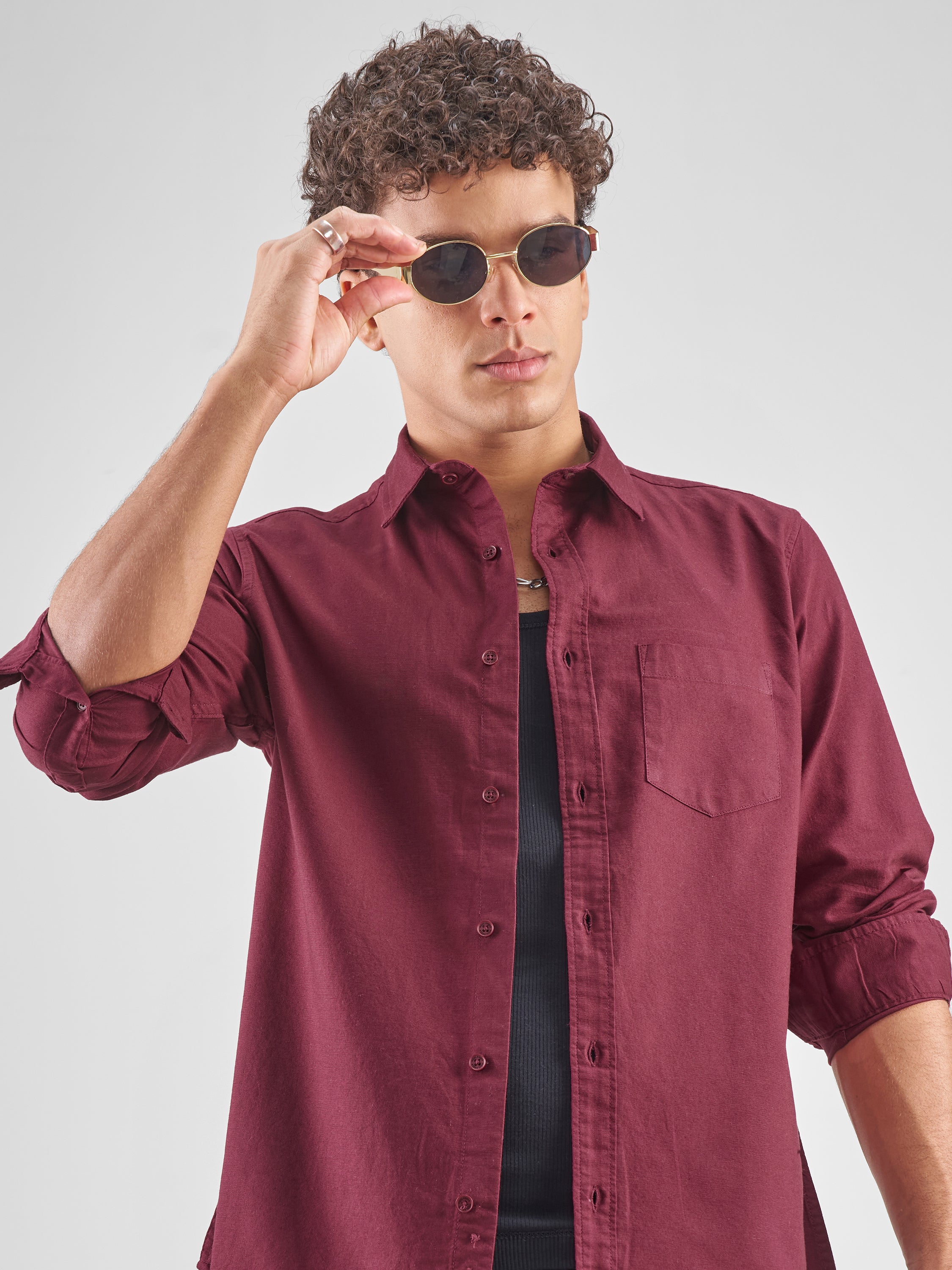 Highlander Men Burgundy Solid Slim Fit Casual Shirt - Burgundy - Image 1