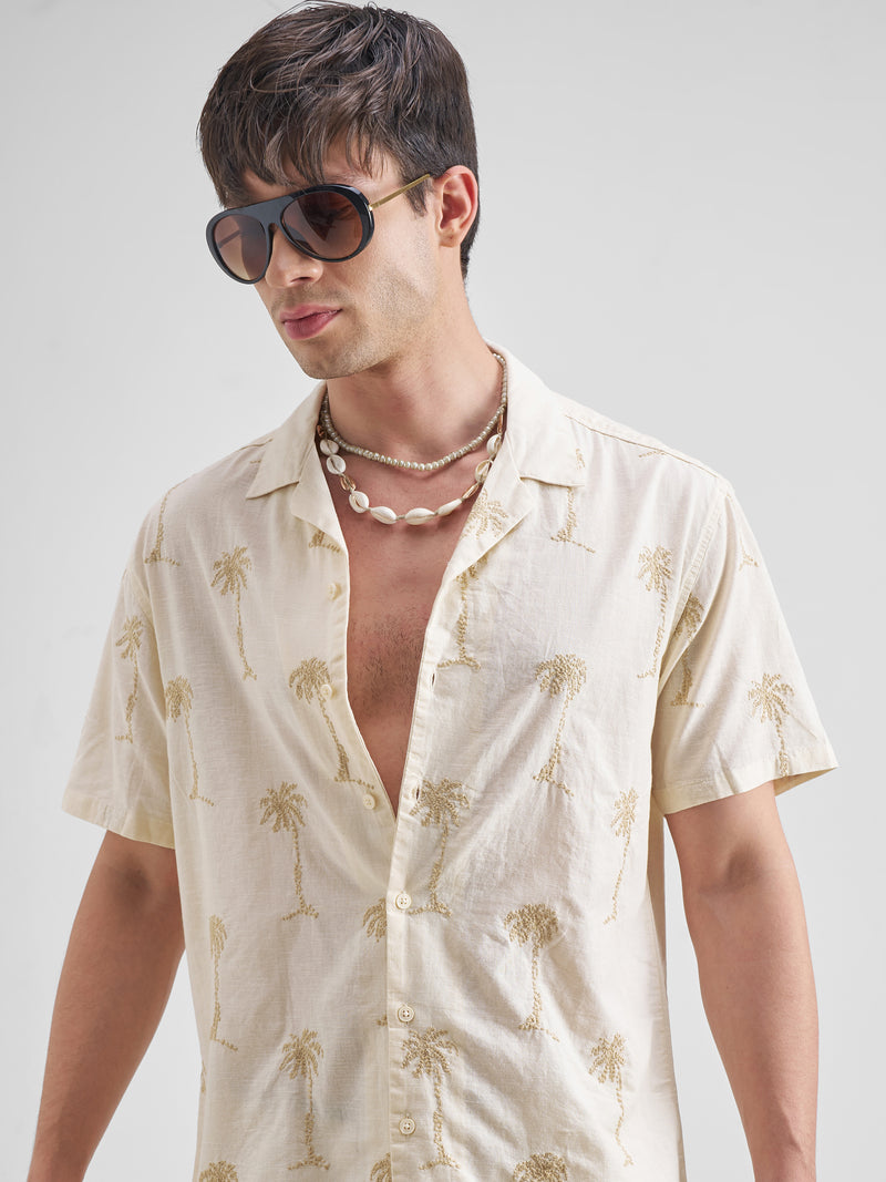 Highlander Men Cream Self Design Relaxed Fit Casual Shirt - Cream - Image 1