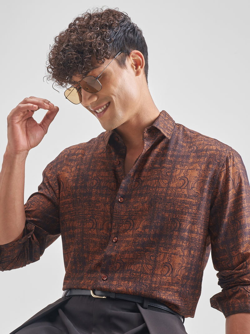 Highlander Men Rust Printed Slim Fit Casual Shirt - Rust - Image 1