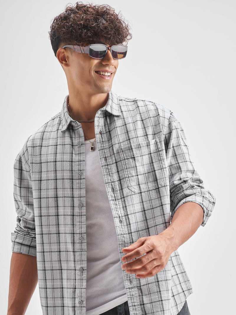 Highlander Men Grey Checked Relaxed Fit Casual Shirt - Grey - Image 1
