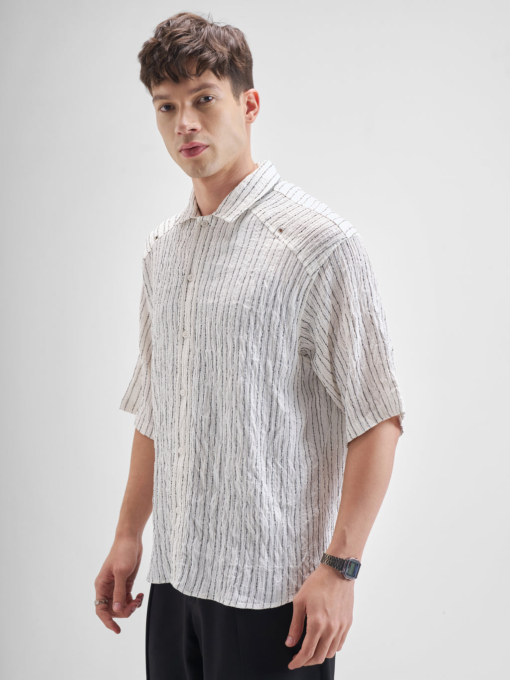 Highlander Men White Striped Boxy Fit Casual Shirt - White - Image 4