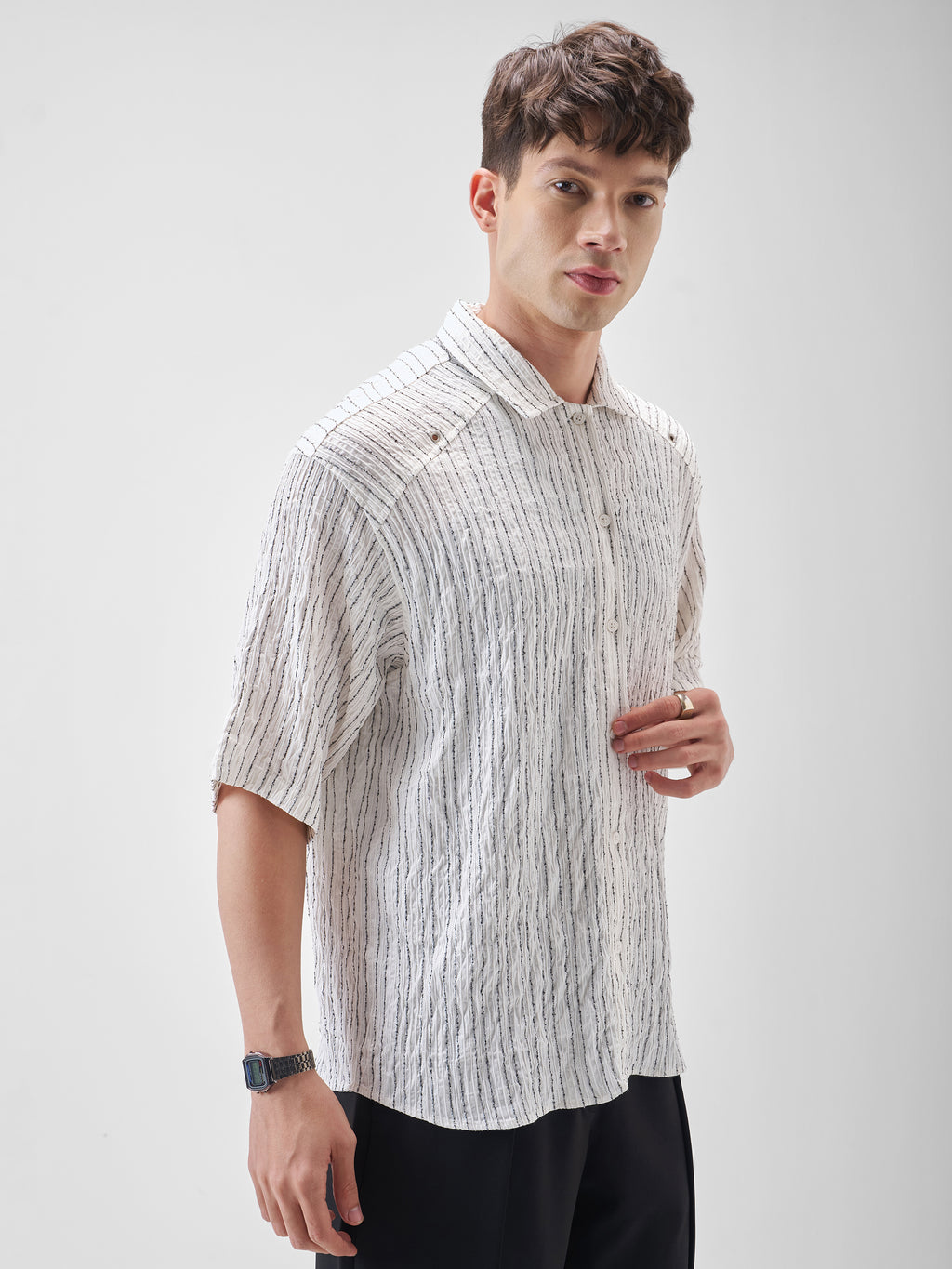 Highlander Men White Striped Boxy Fit Casual Shirt - White - Image 6