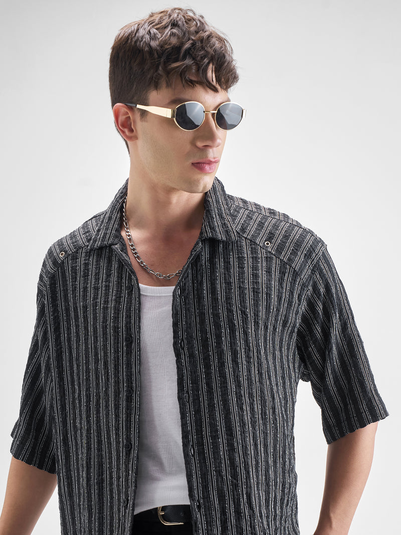 Highlander Men Black Striped Boxy Fit Casual Shirt - Black - Image 1