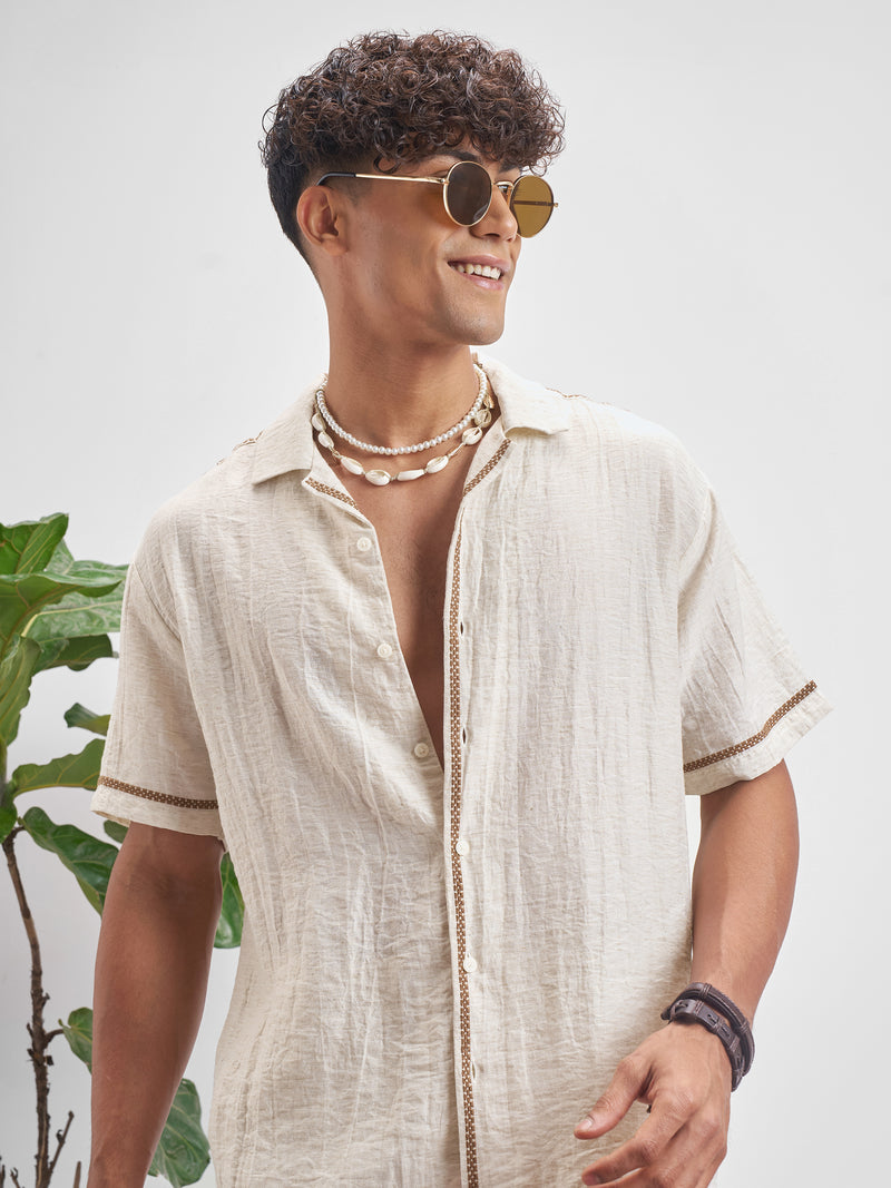 Highlander Men Beige Self Design Relaxed Fit Casual Shirt - Beige - Image 1