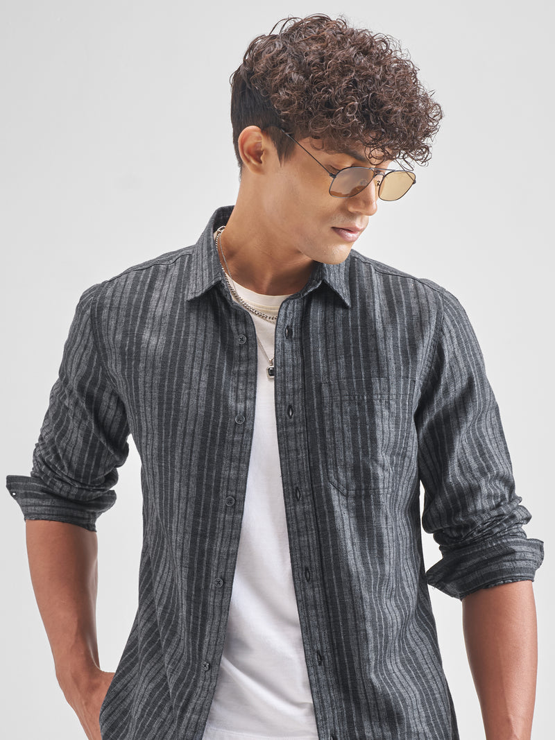Highlander Men Grey Striped Slim Fit Casual Shirt - Grey - Image 1