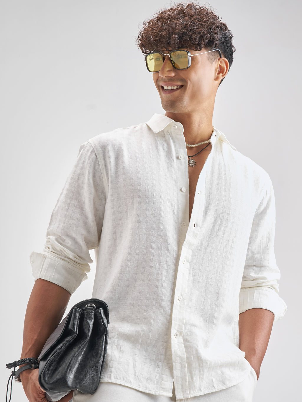 Highlander Men Off White Self Design Relaxed Fit Casual Shirt - Off White - Image 1