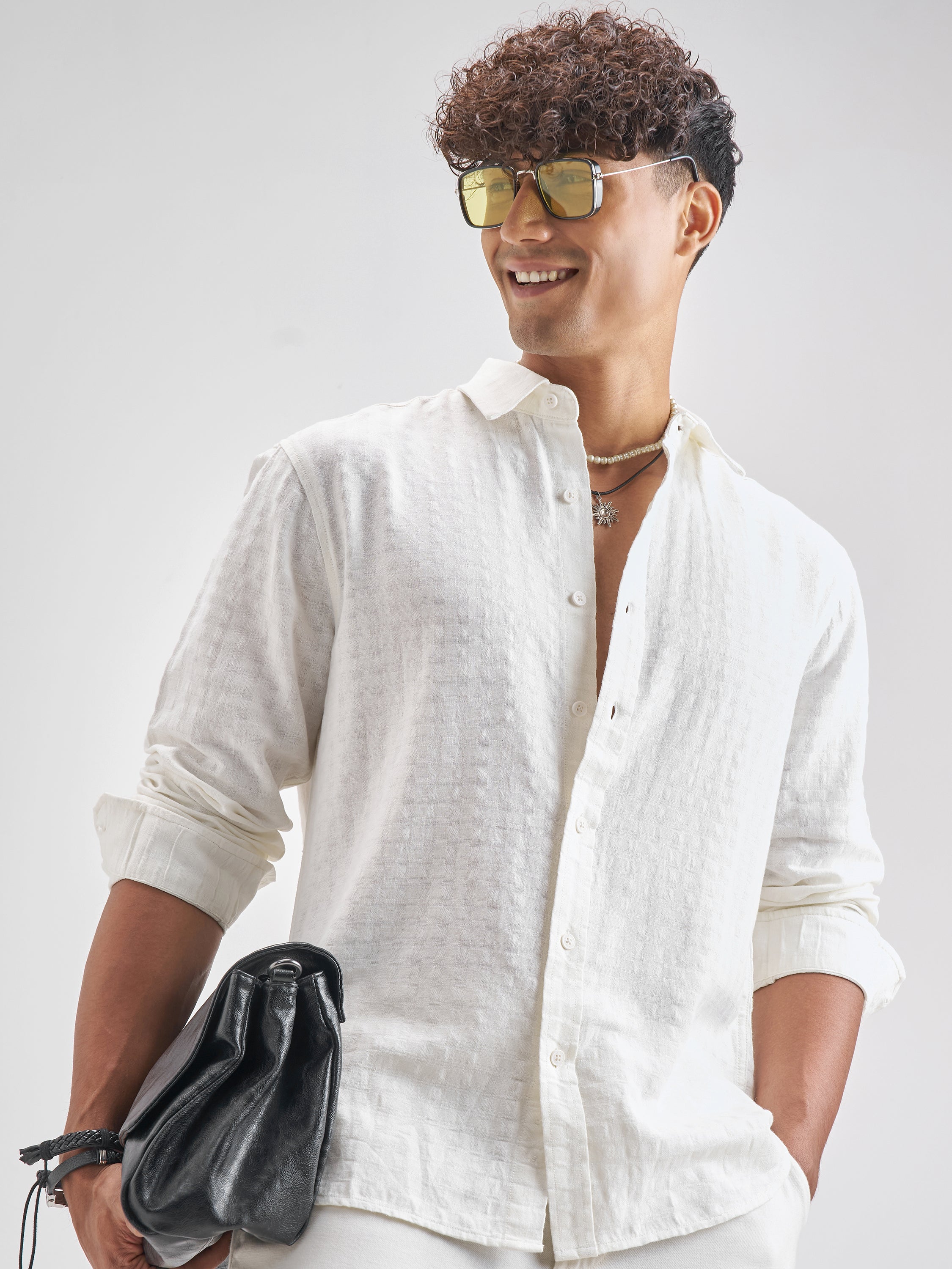 Highlander Men Off White Self Design Relaxed Fit Casual Shirt - Off White - Image 1