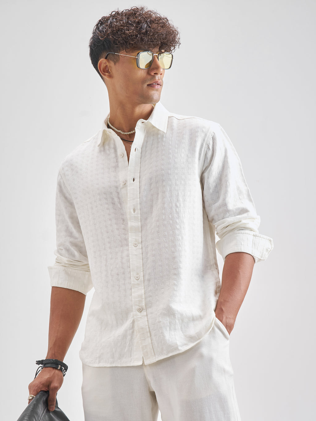 Highlander Men Off White Self Design Relaxed Fit Casual Shirt - Off White - Image 4