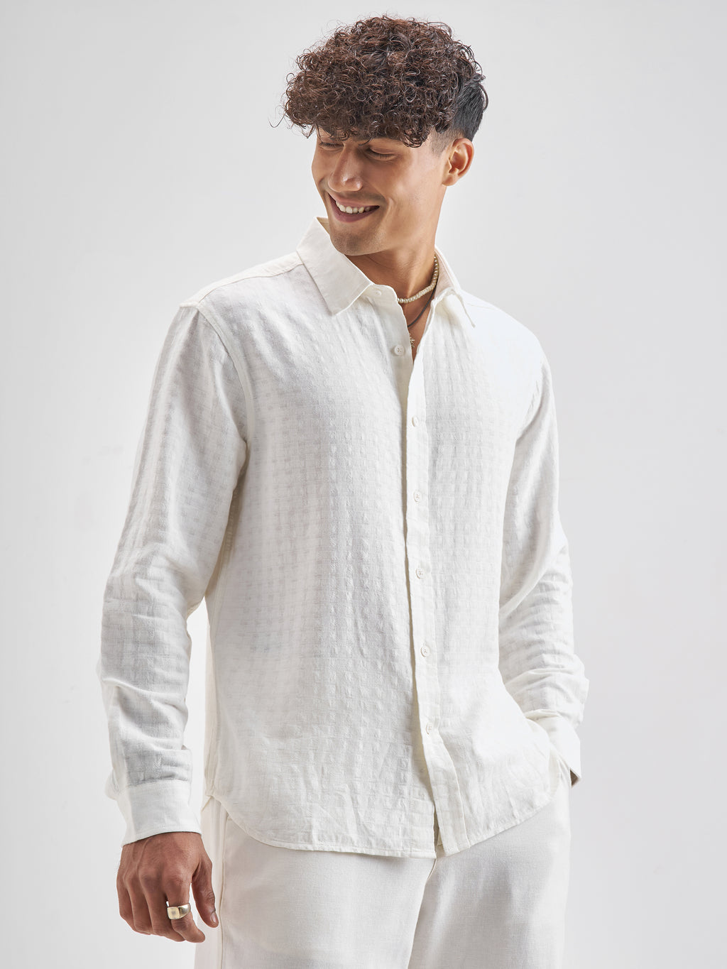 Highlander Men Off White Self Design Relaxed Fit Casual Shirt - Off White - Image 6