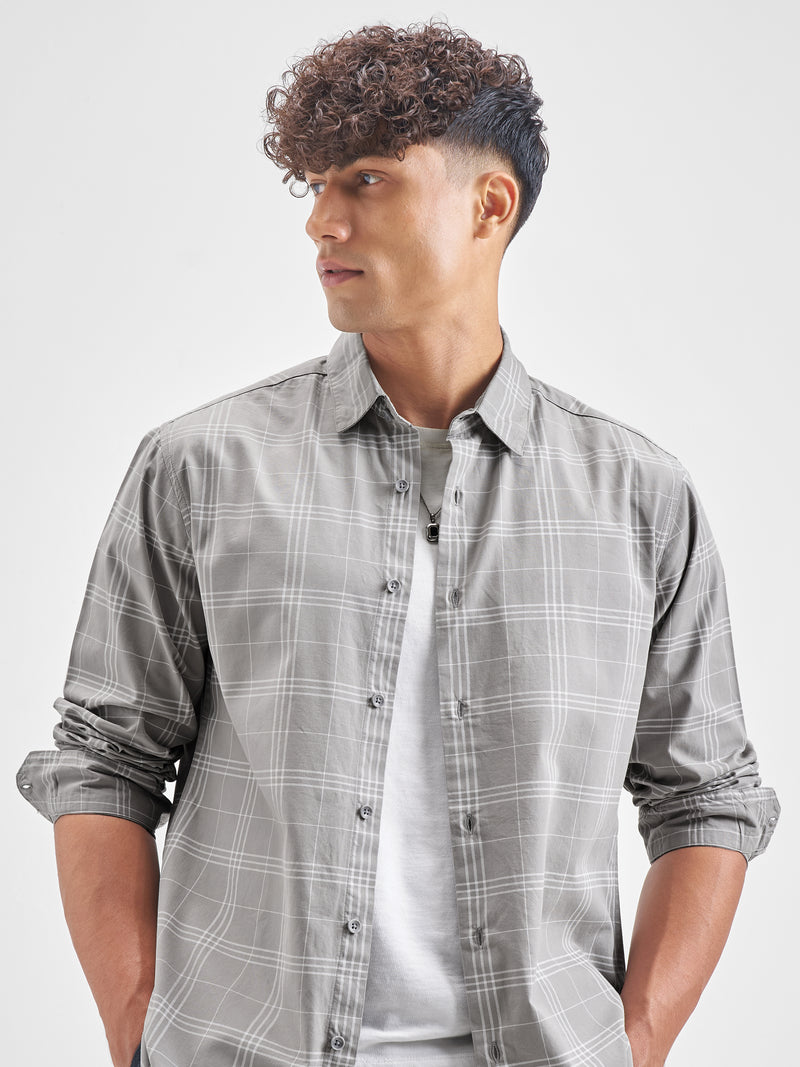 Highlander Men Grey Checked Regular Fit Casual Shirt - Grey - Image 1