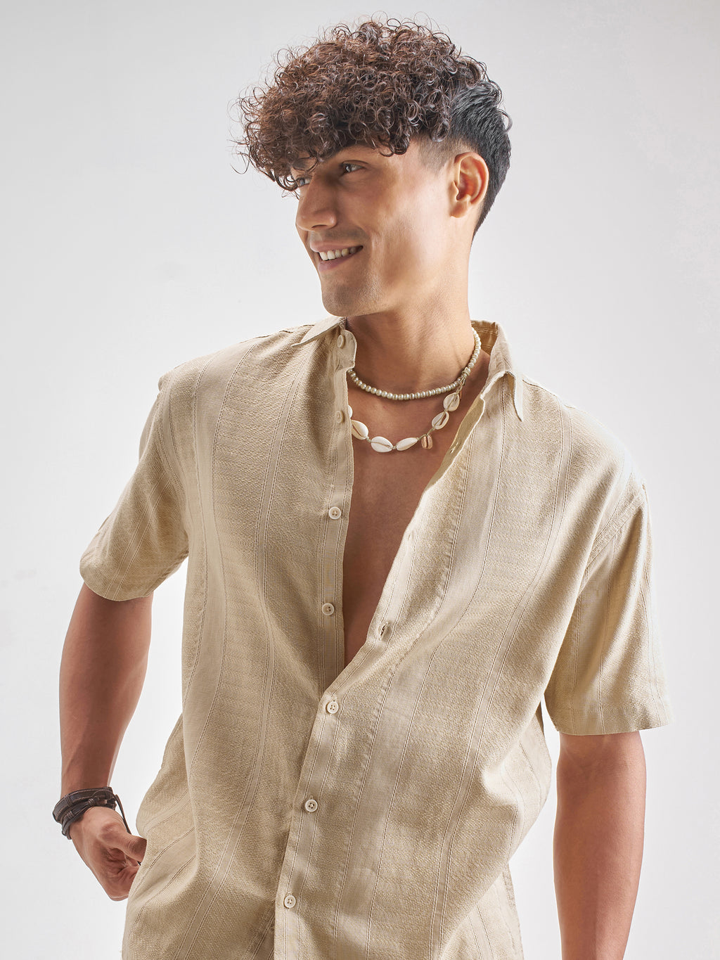 Highlander Men Beige Self Design Relaxed Fit Casual Shirt - Beige - Image 1