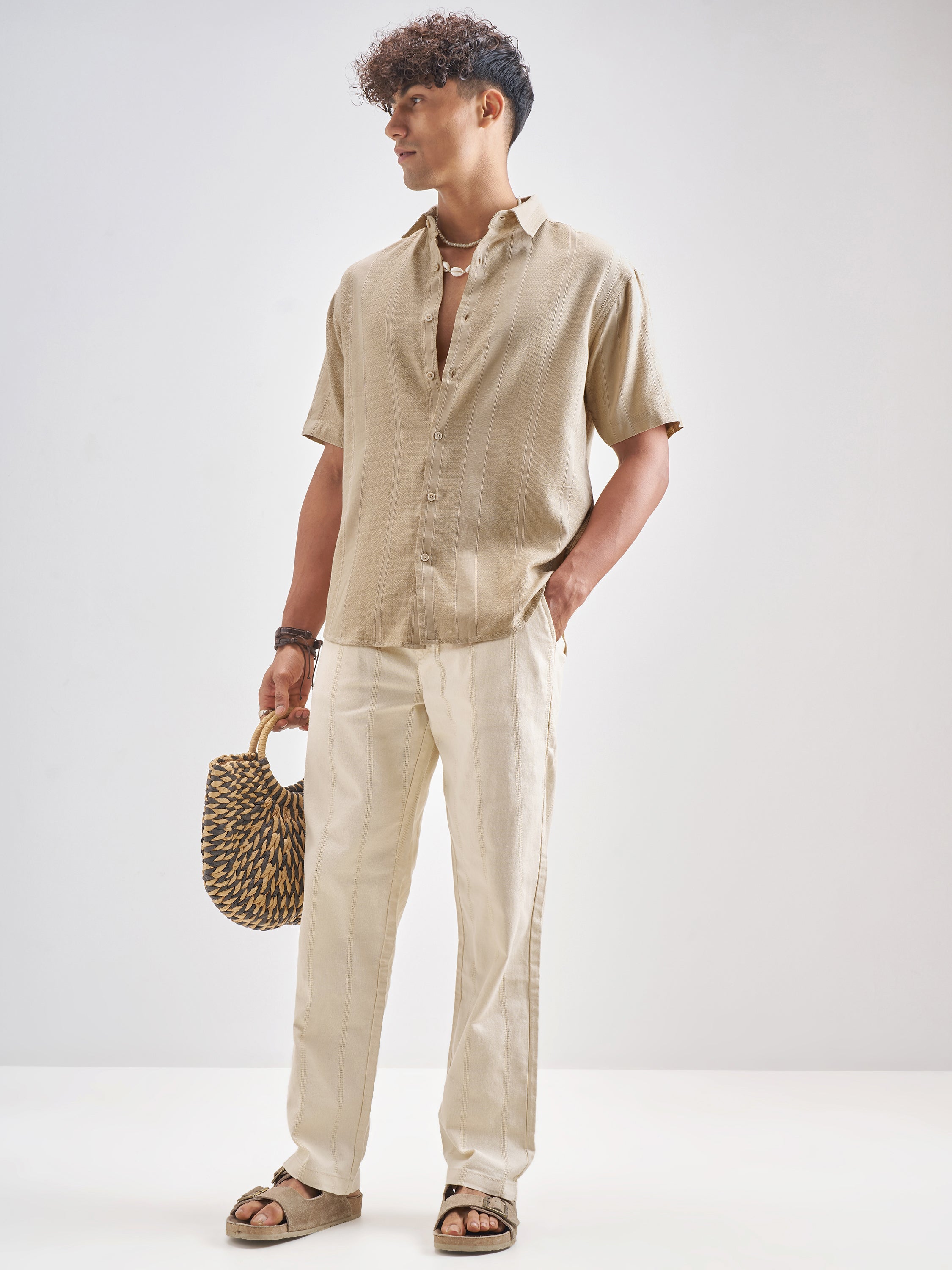 Highlander Men Beige Self Design Relaxed Fit Casual Shirt - Beige - Image 2