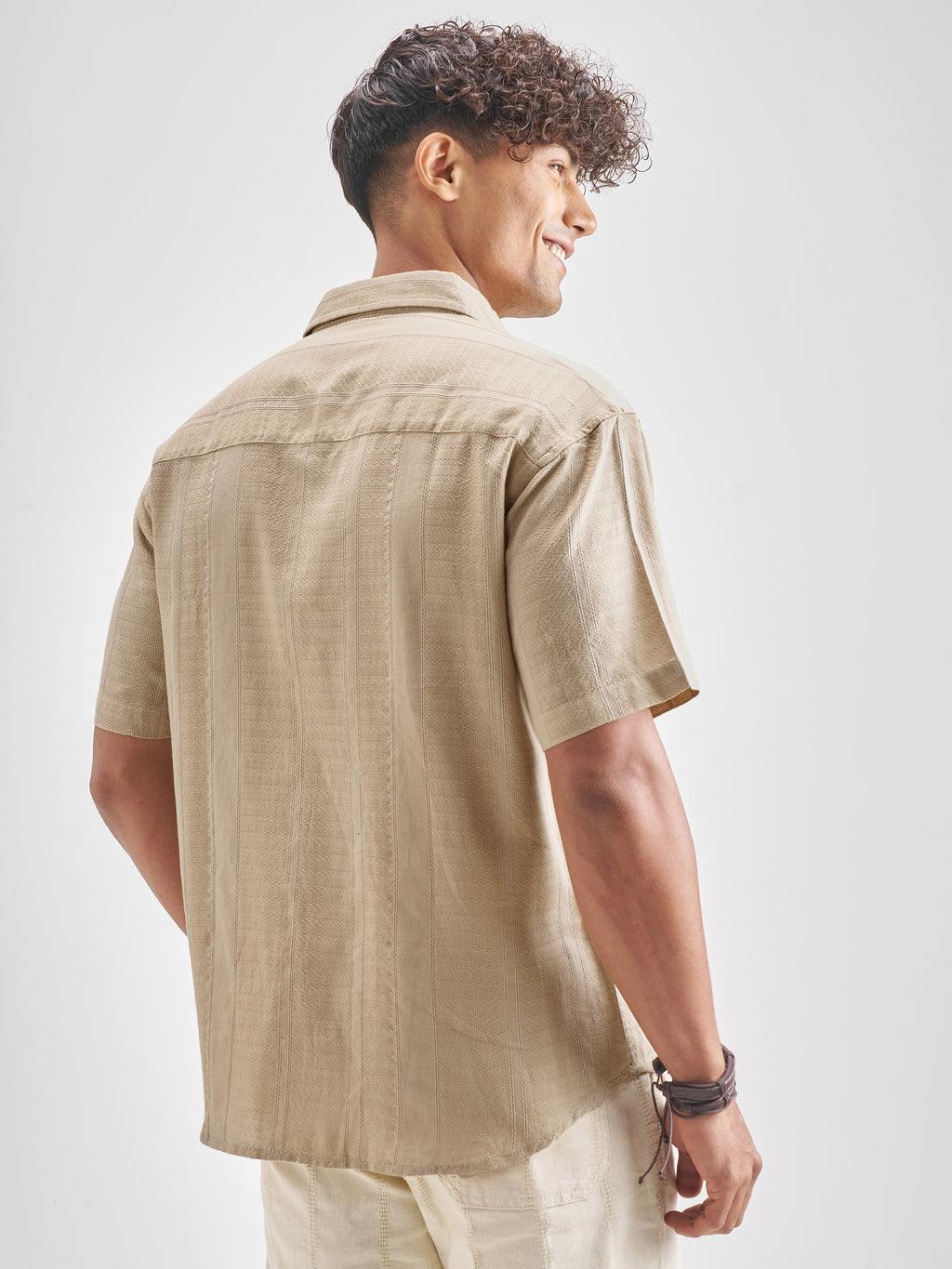 Highlander Men Beige Self Design Relaxed Fit Casual Shirt - Beige - Image 3