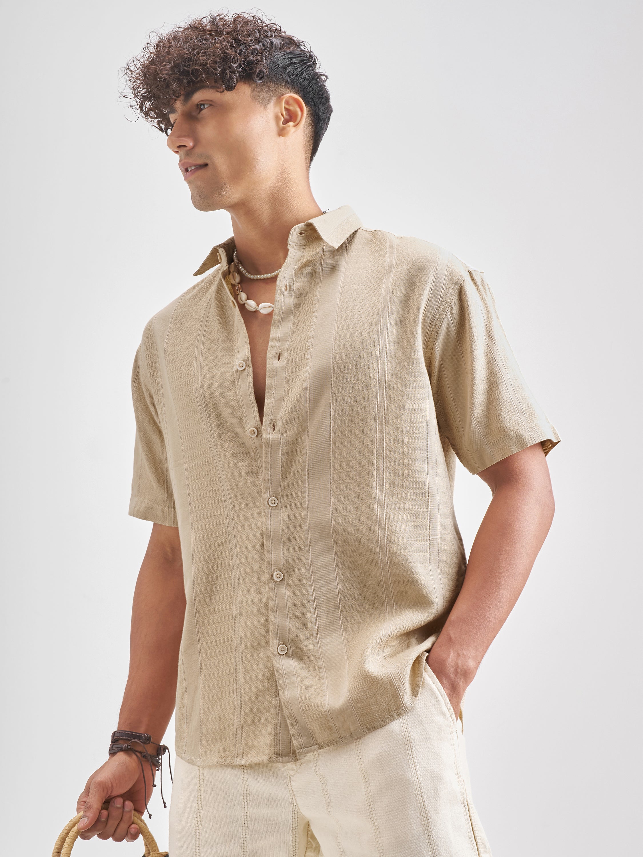 Highlander Men Beige Self Design Relaxed Fit Casual Shirt - Beige - Image 4