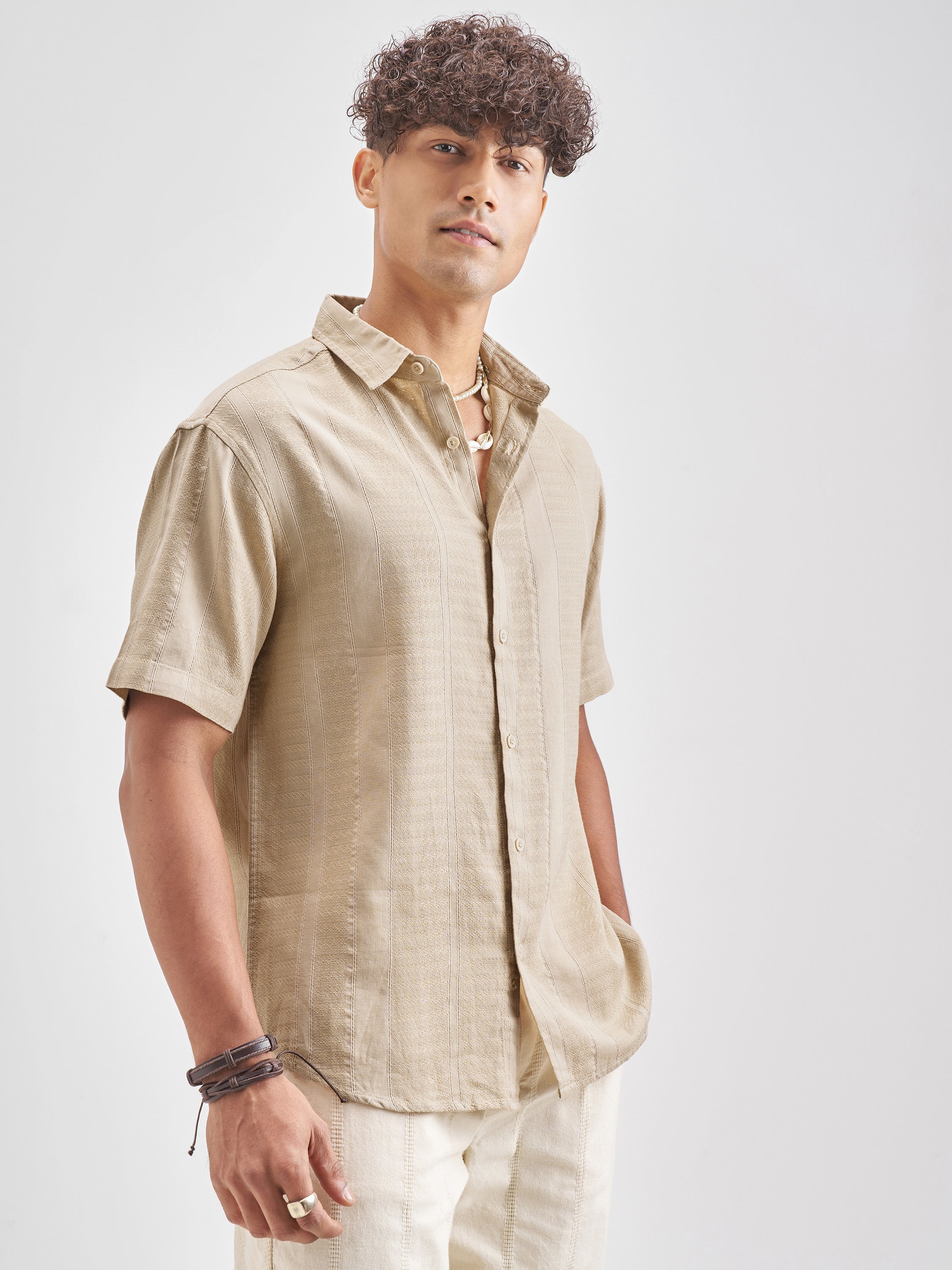 Highlander Men Beige Self Design Relaxed Fit Casual Shirt - Beige - Image 6