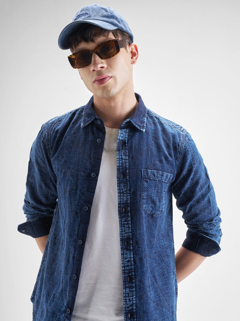 Highlander Men Blue Self Design Slim Fit Casual Shirt - Blue - Image 1