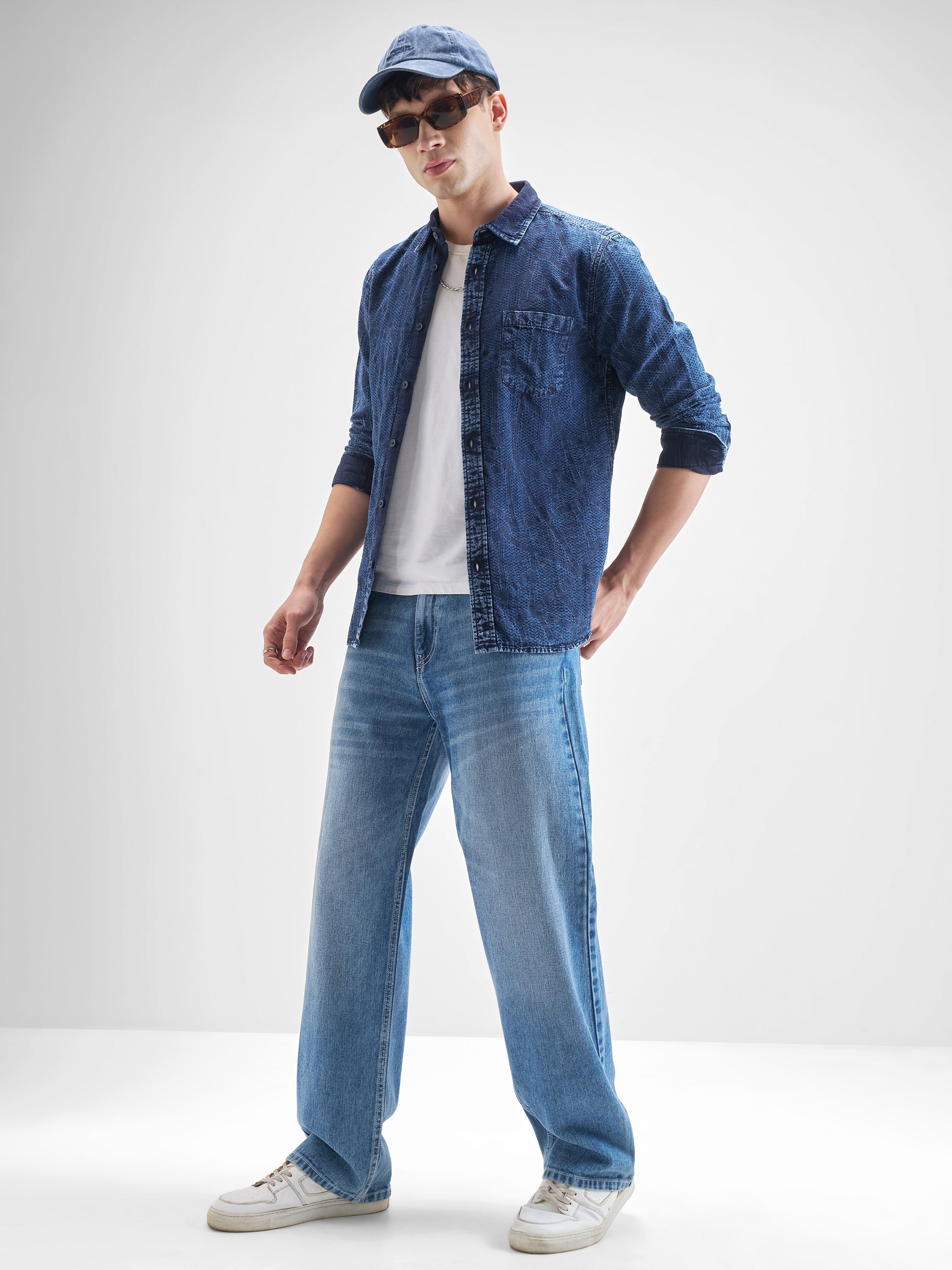 Highlander Men Blue Self Design Slim Fit Casual Shirt - Blue - Image 2