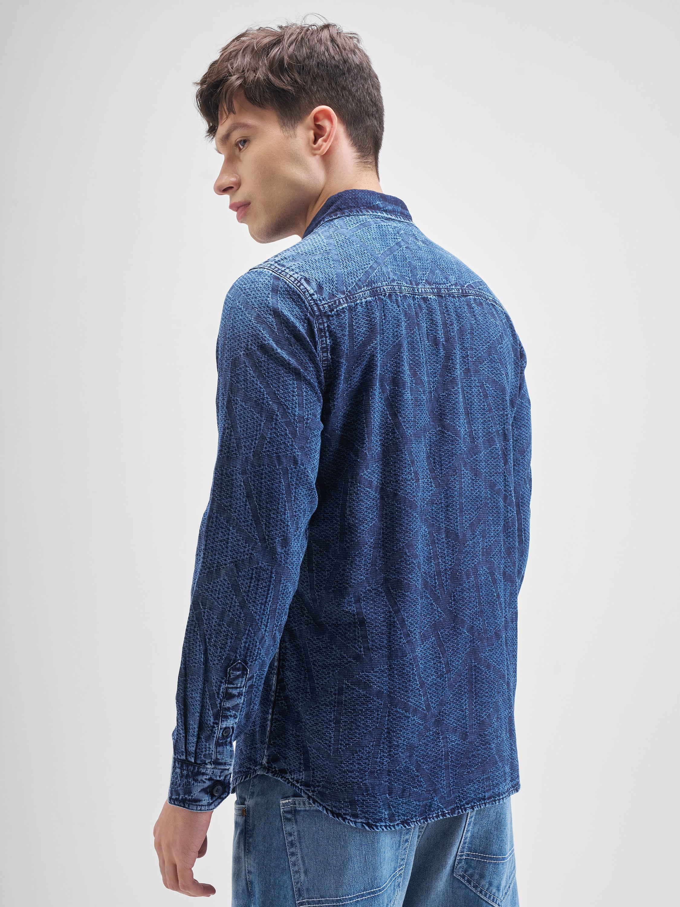 Highlander Men Blue Self Design Slim Fit Casual Shirt - Blue - Image 3