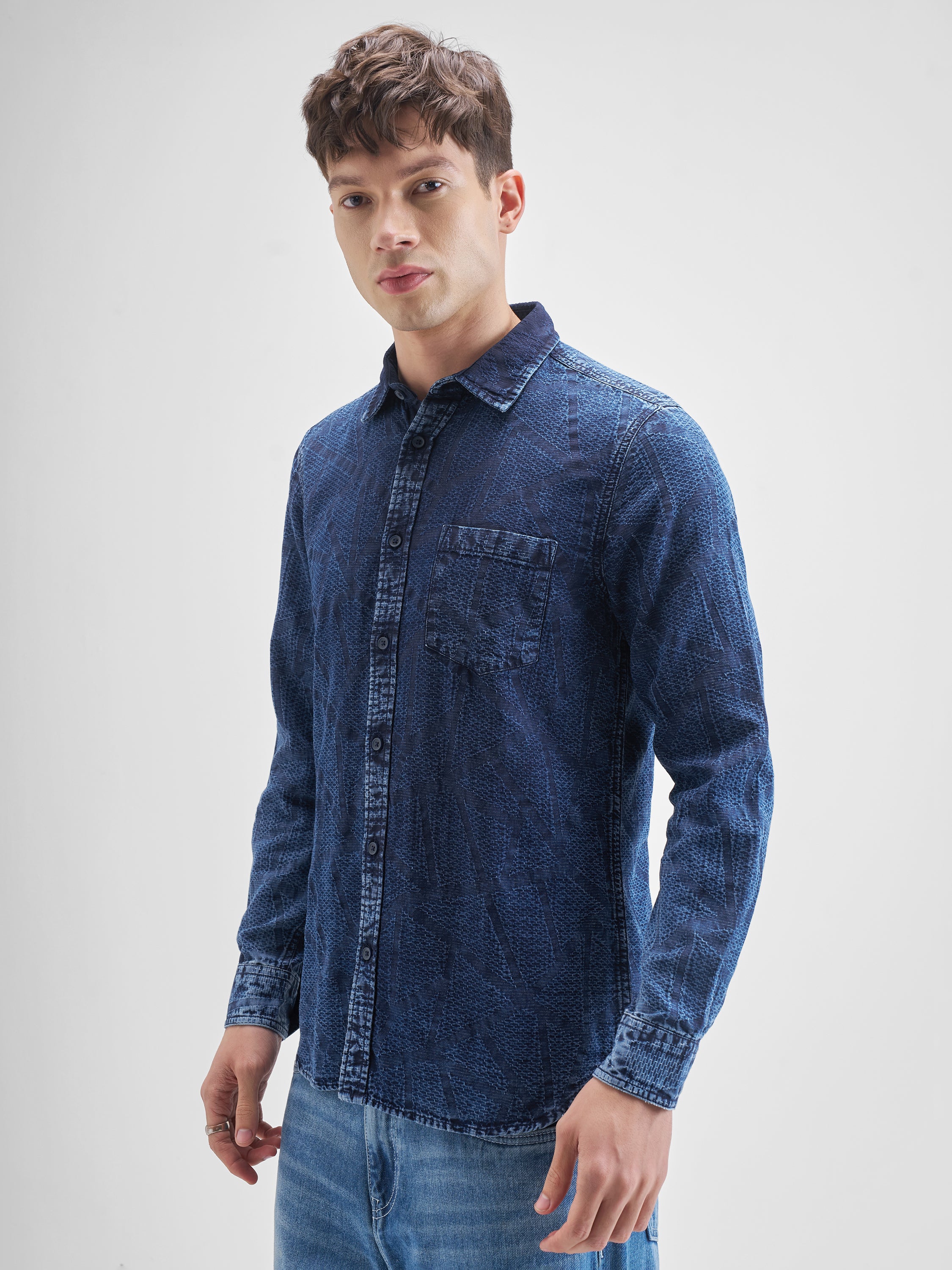 Highlander Men Blue Self Design Slim Fit Casual Shirt - Blue - Image 4