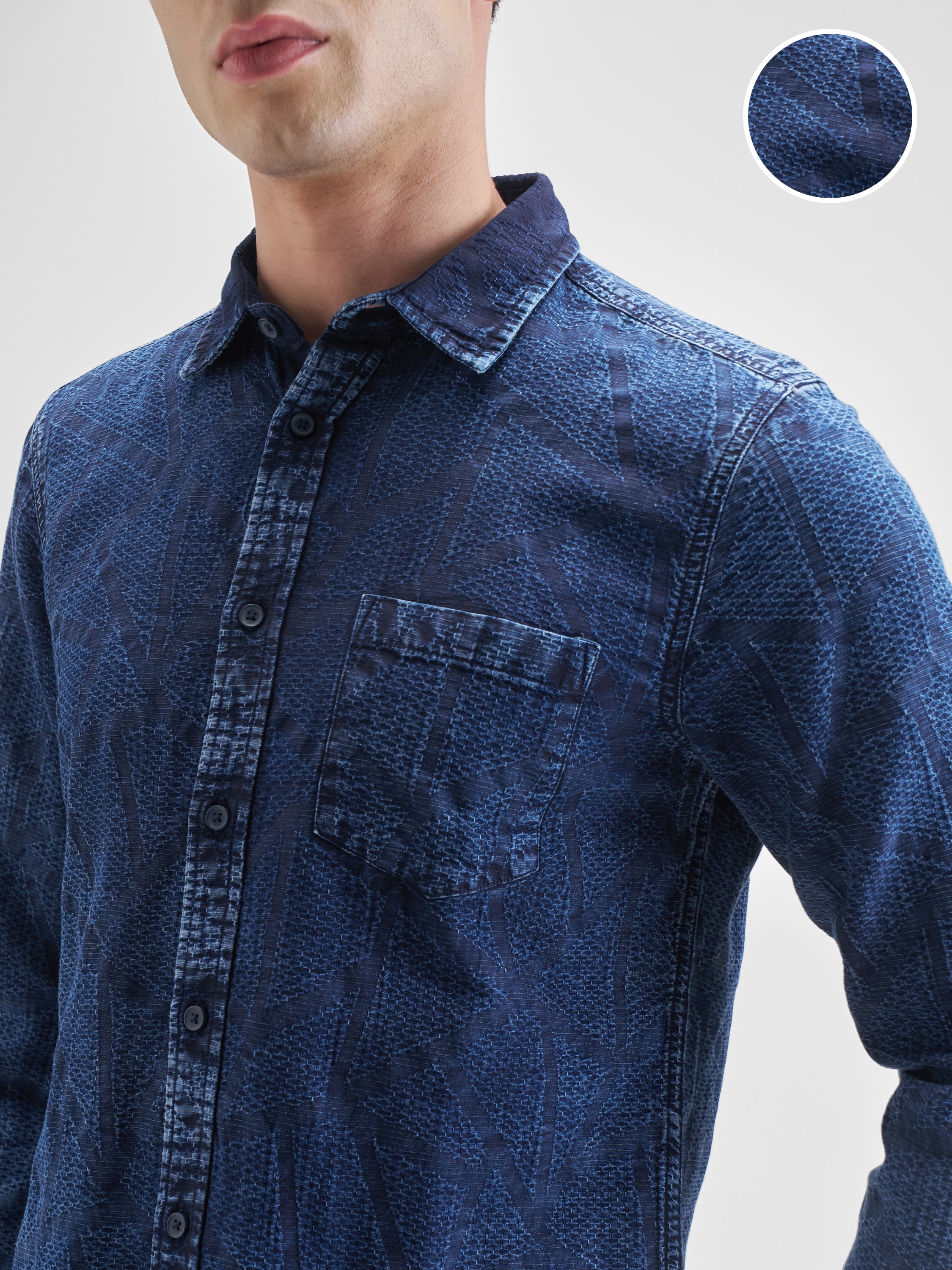 Highlander Men Blue Self Design Slim Fit Casual Shirt - Blue - Image 5