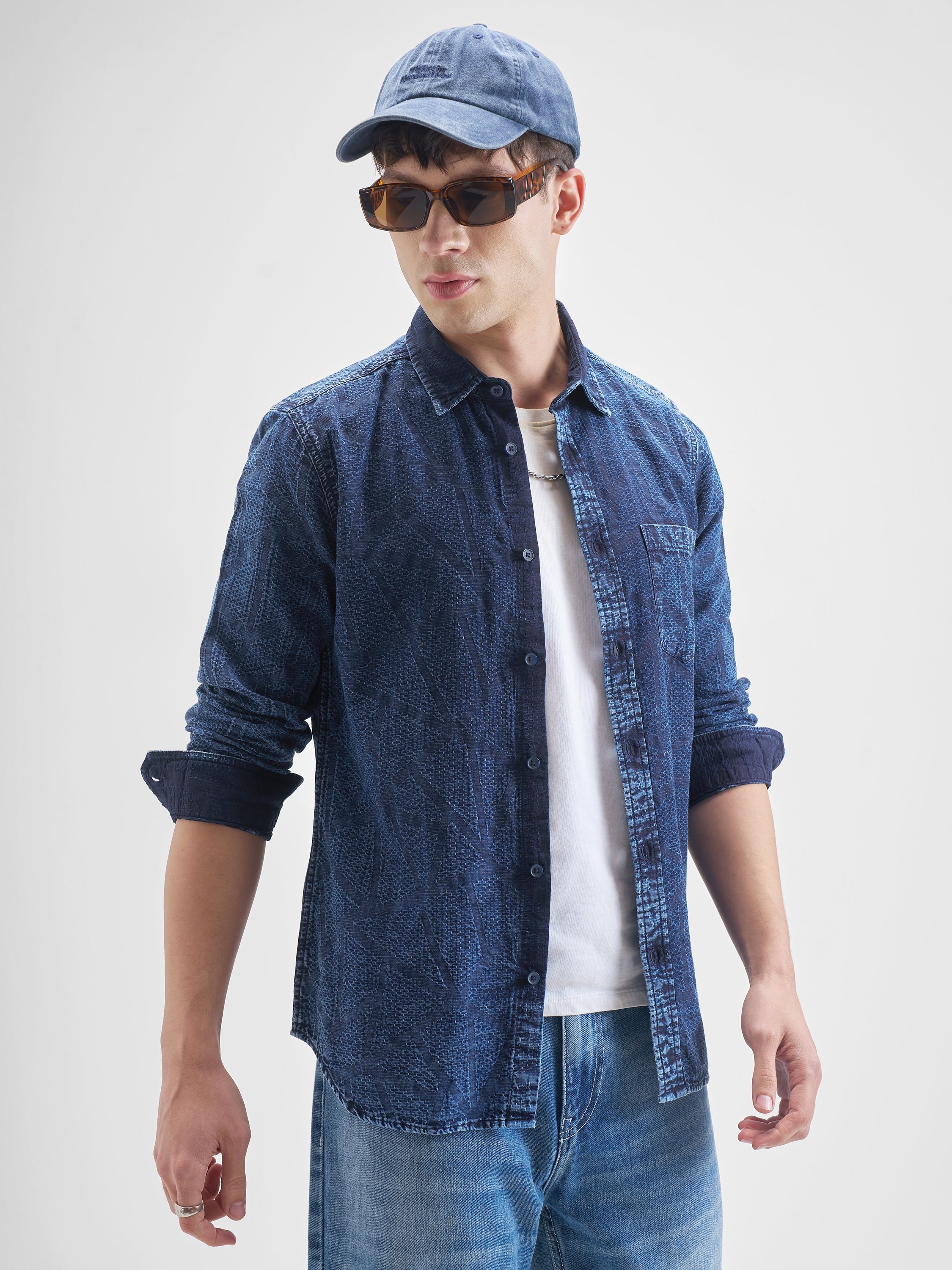 Highlander Men Blue Self Design Slim Fit Casual Shirt - Blue - Image 6