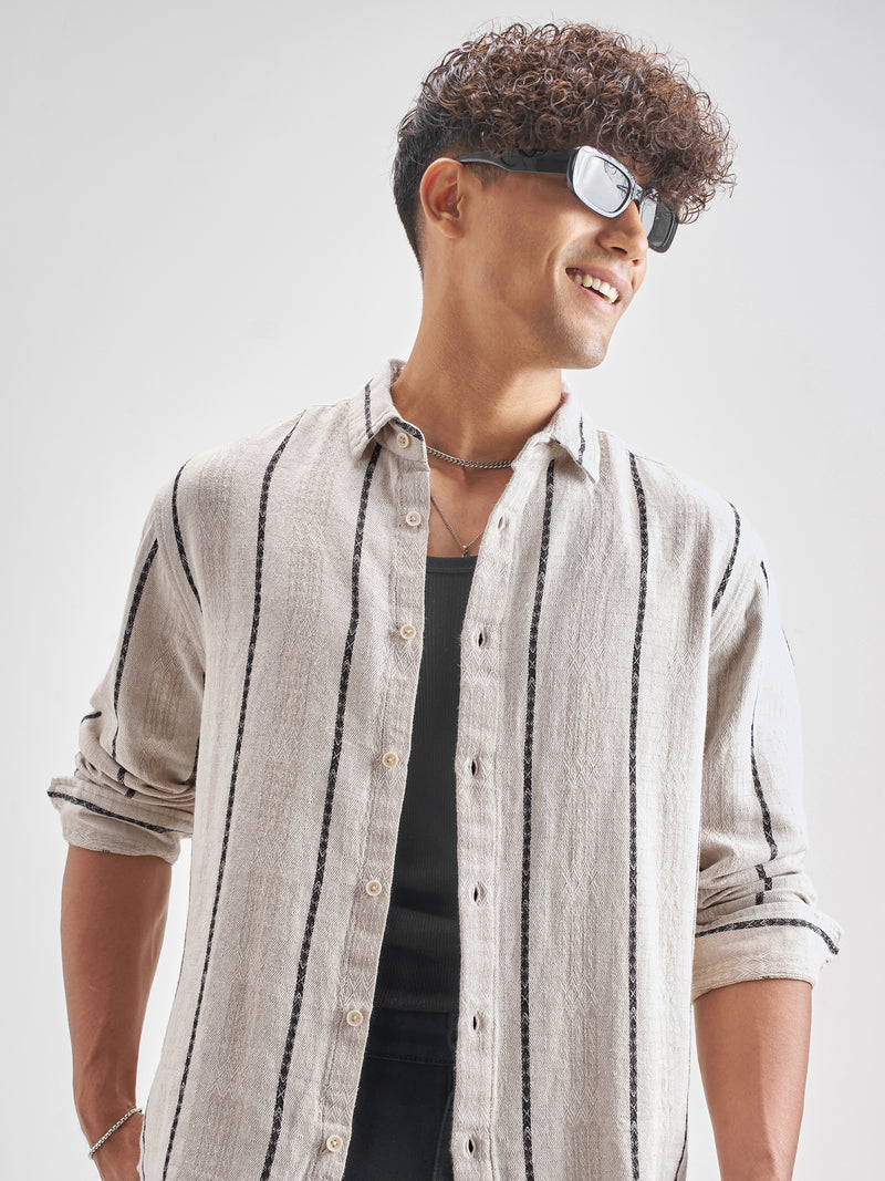 Highlander Men Beige Striped Relaxed Fit Casual Shirt - Beige - Image 1