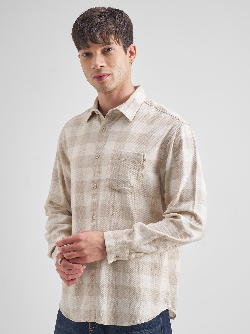 Highlander Men Beige Checked Relaxed Fit Casual Shirt - Beige - Image 4