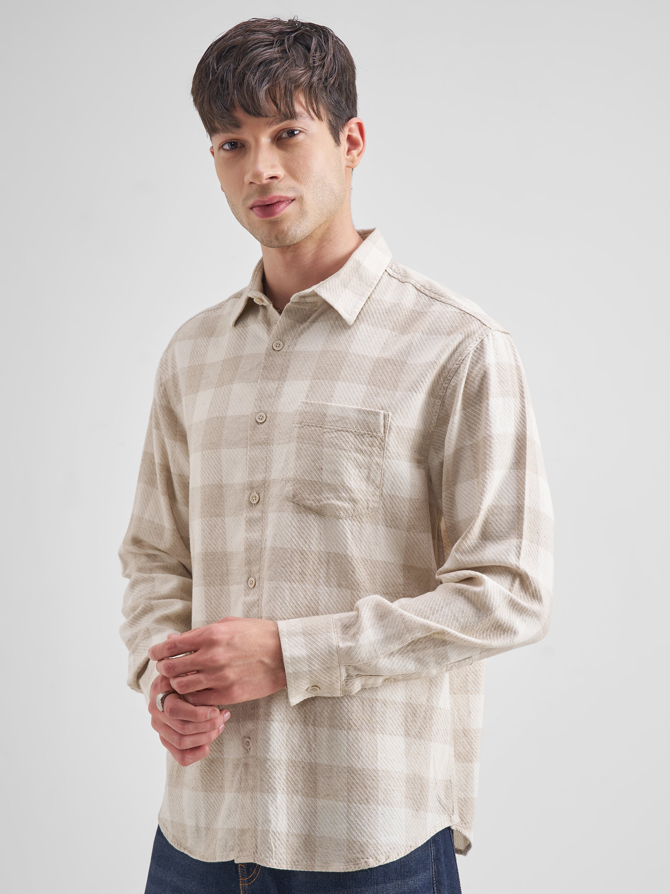 Highlander Men Beige Checked Relaxed Fit Casual Shirt - Beige - Image 4