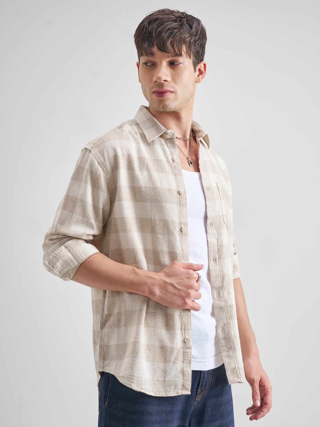 Highlander Men Beige Checked Relaxed Fit Casual Shirt - Beige - Image 6