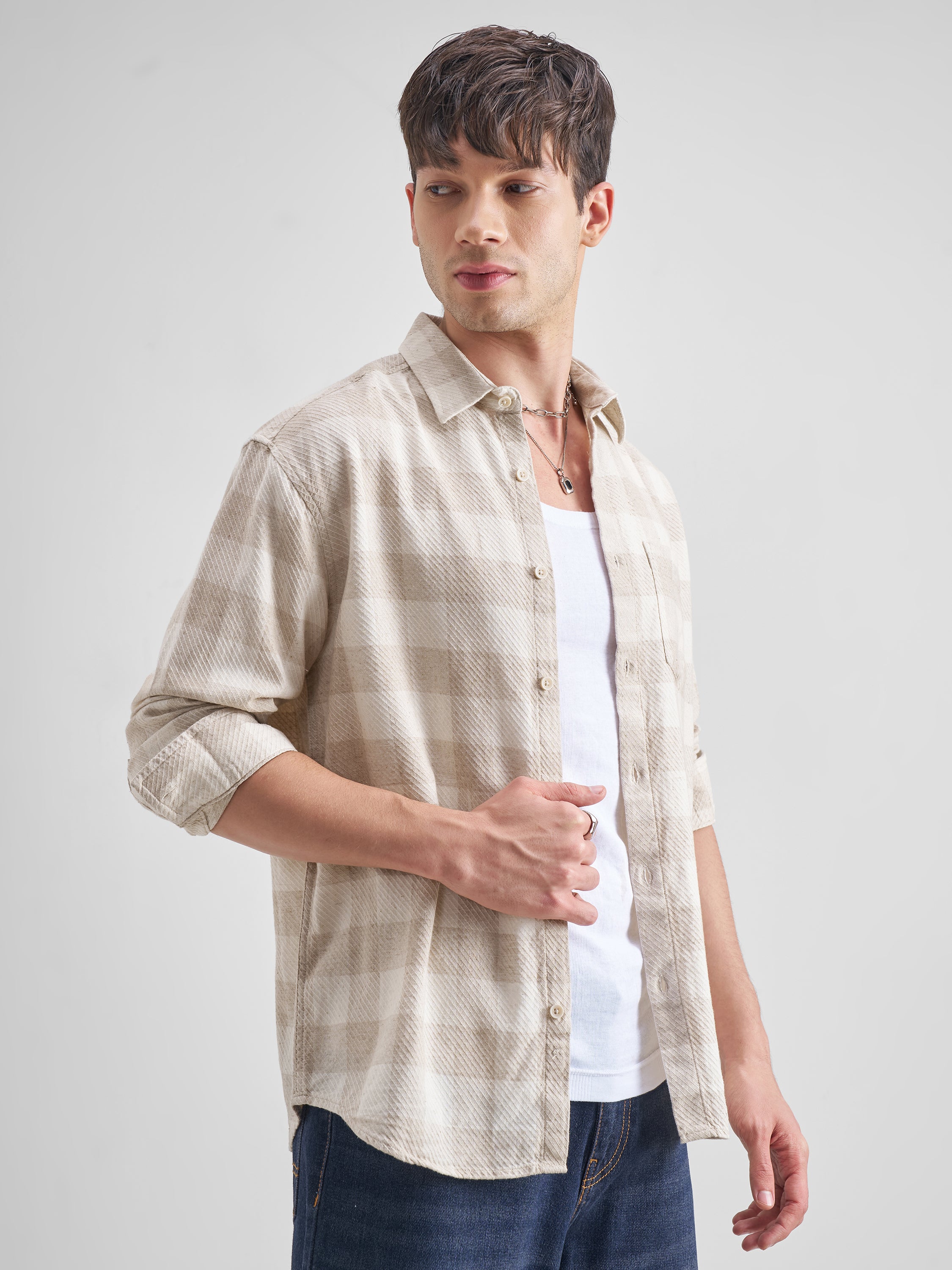 Highlander Men Beige Checked Relaxed Fit Casual Shirt - Beige - Image 6