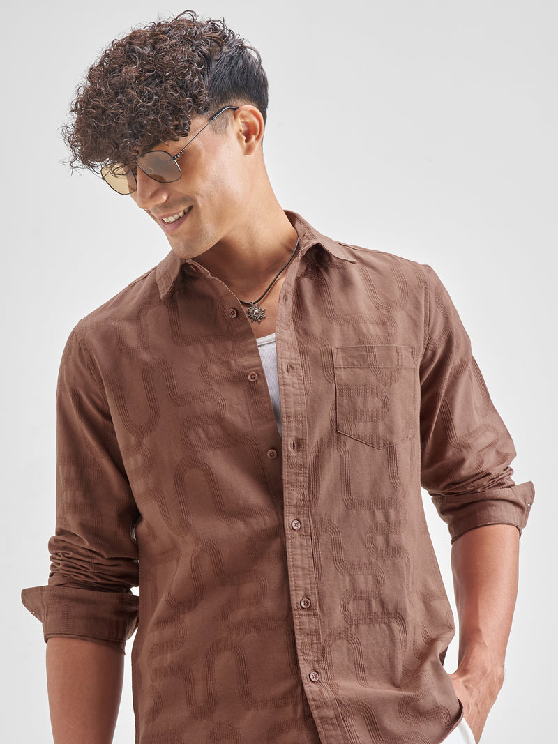 Highlander Men Rust Self Design Slim Fit Casual Shirt - Rust - Image 1